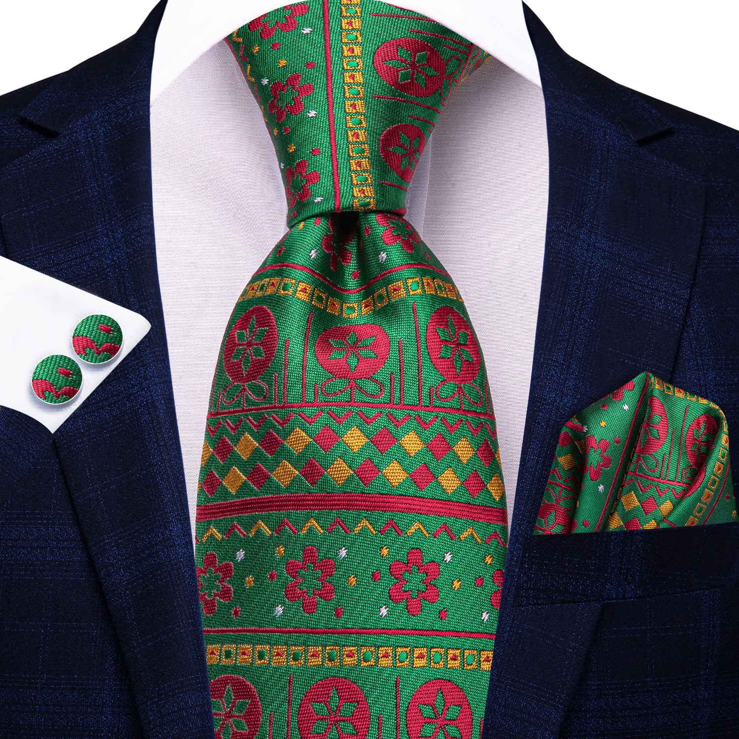 Christmas Green Novelty Men's Tie Pocket Square Cufflinks Set