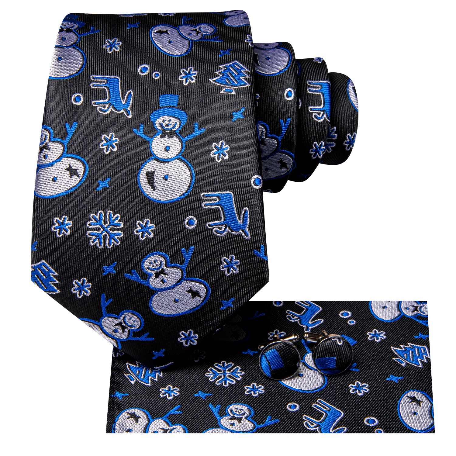 Christmas Black Blue Snowmen Men's Tie Pocket Square Cufflinks Set