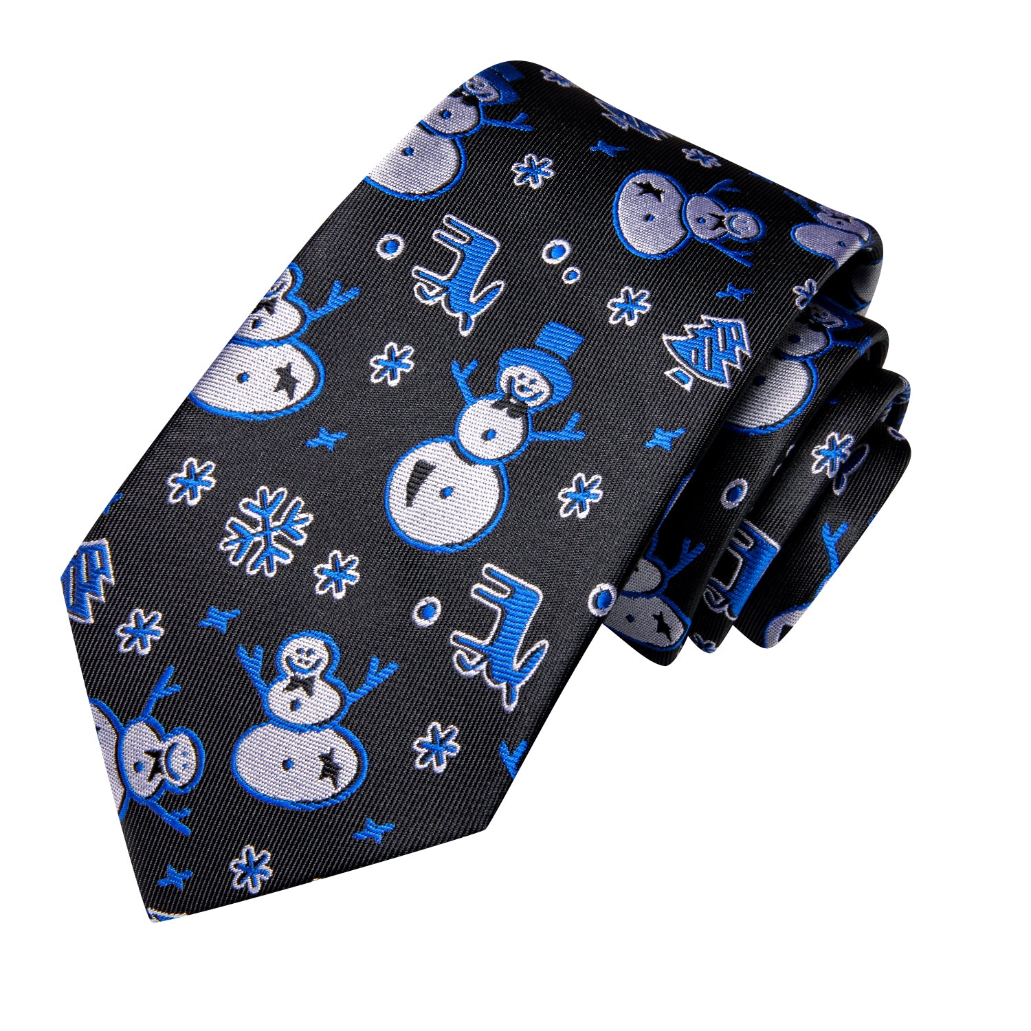 Christmas Black Blue Snowmen Men's Tie Pocket Square Cufflinks Set