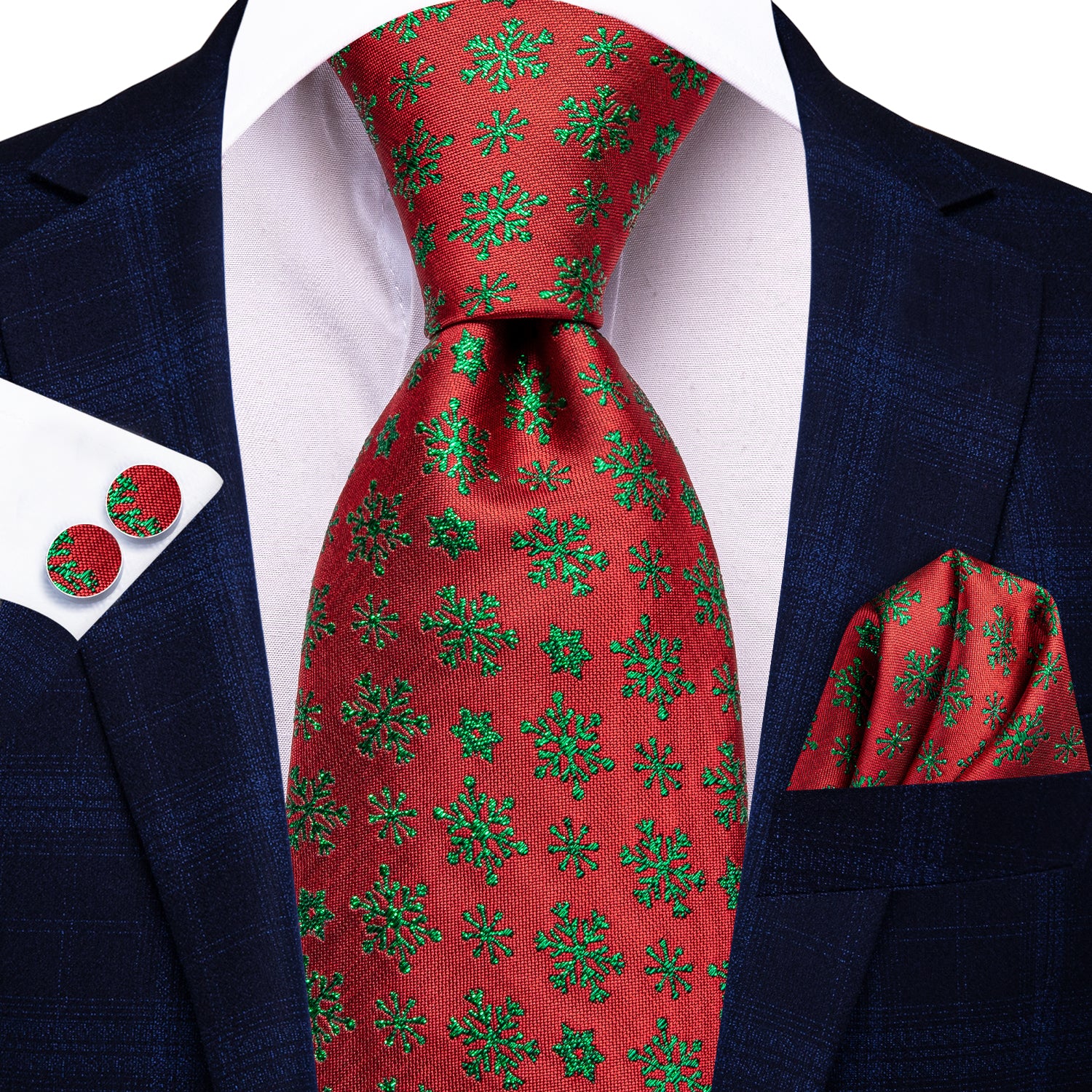 Christmas Red Green Snowflakes Men's Tie Pocket Square Cufflinks Set