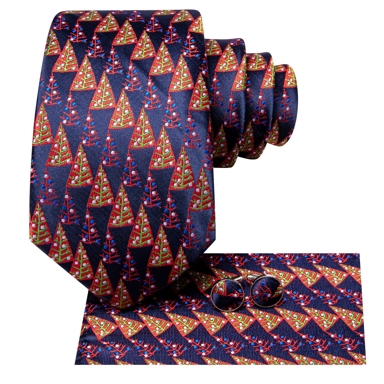 Blue Red Christmas Tree Men's Tie Pocket Square Cufflinks Set