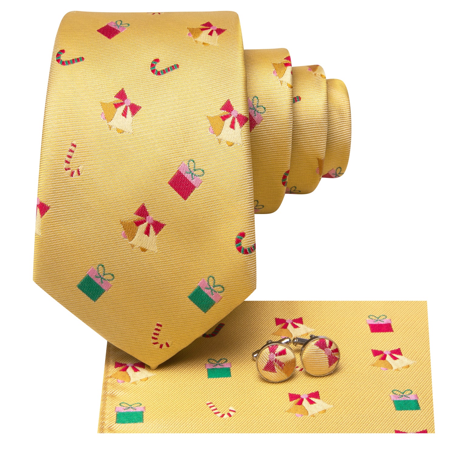 Christmas Yellow Novelty Men's Tie Pocket Square Cufflinks Set