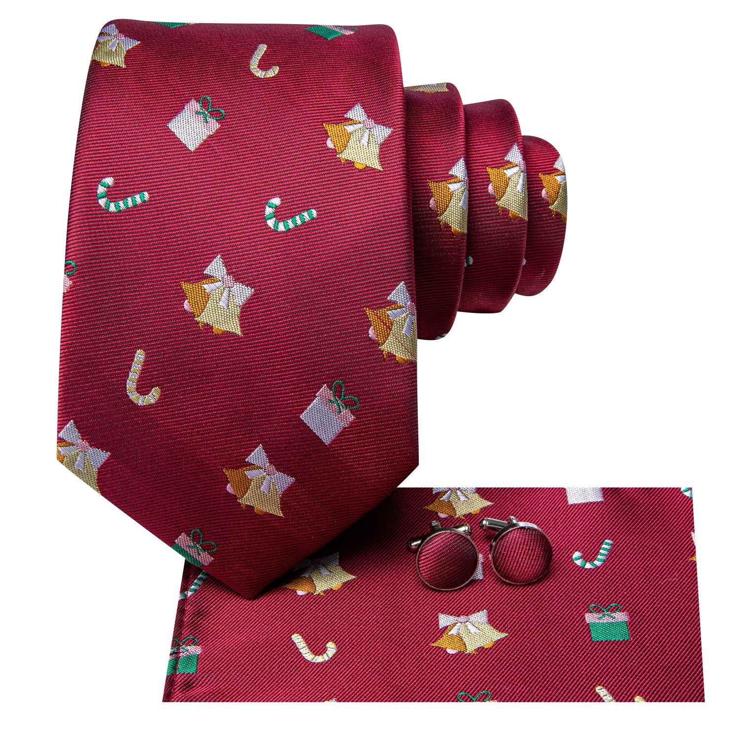Christmas Burgundy Red Novelty Men's Tie Pocket Square Cufflinks Set