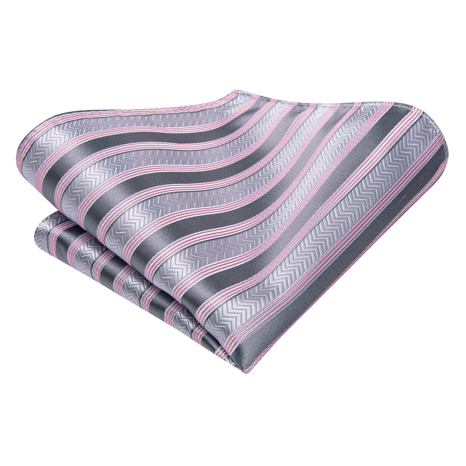 Grey Pink Striped Tie Pocket Square Cufflinks Set