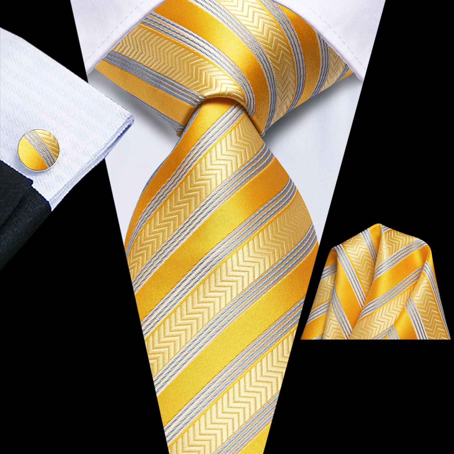 Yellow Silver Striped Tie Pocket Square Cufflinks Set