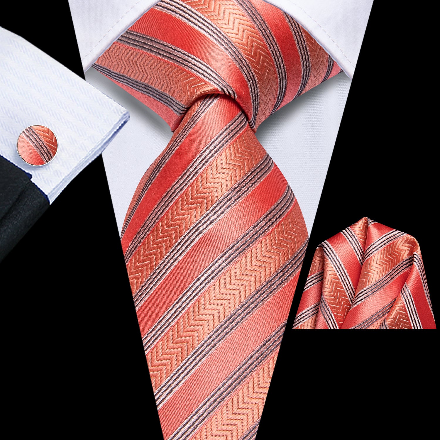 Tomato Grey Striped Tie Pocket Square Cufflinks Set