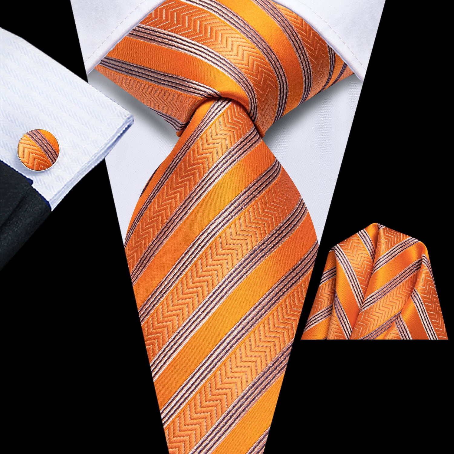 Orange Black Striped Tie Pocket Square Cufflinks Set