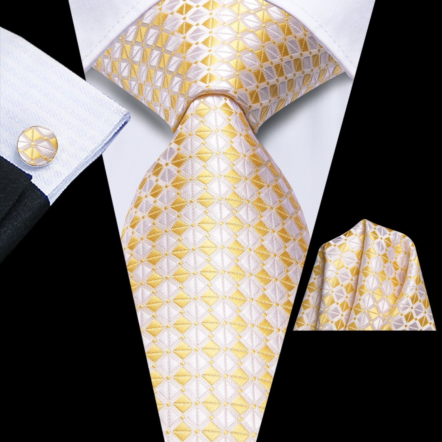 Yellow White Plaid Silk Tie Pocket Square Cufflinks Set