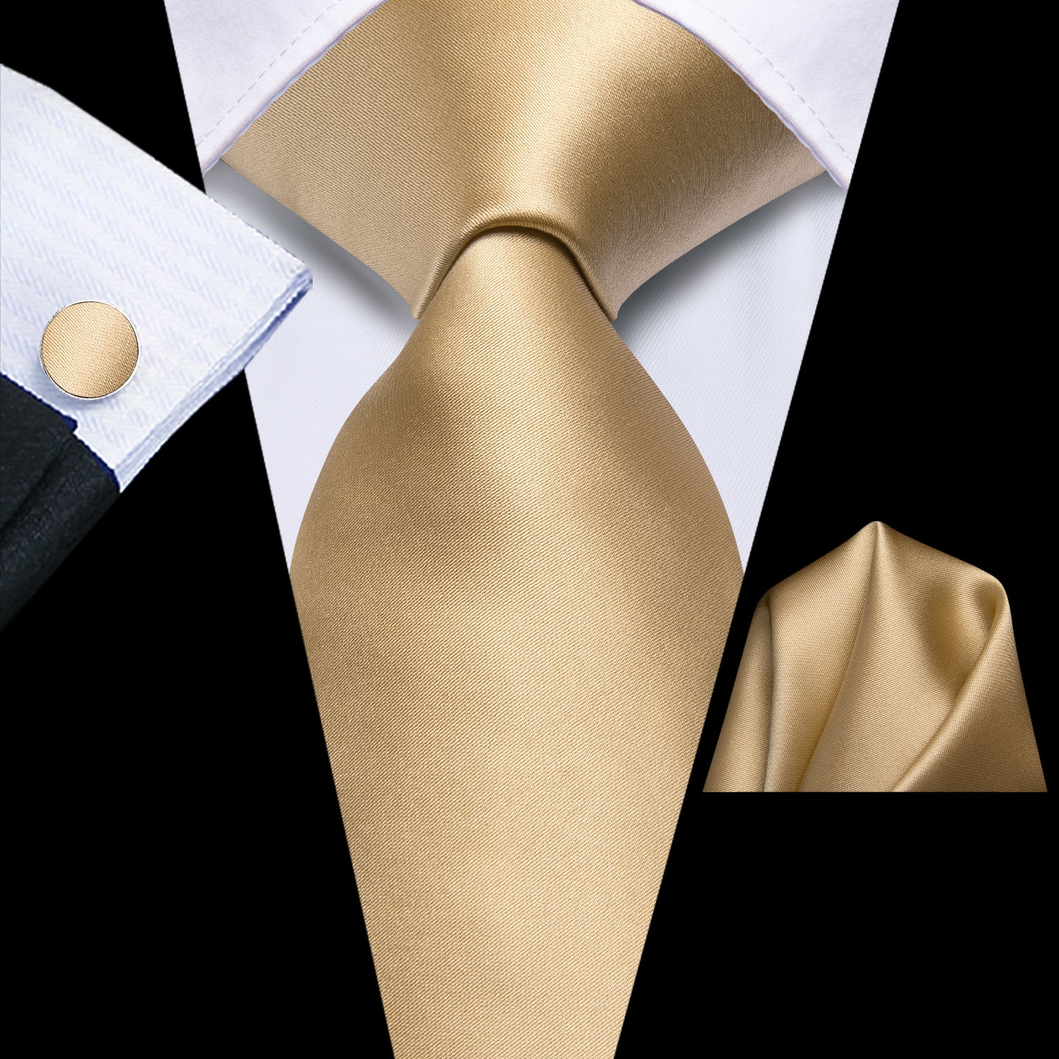 Champagne Solid Silk Tie Pocket Square Cufflinks Set