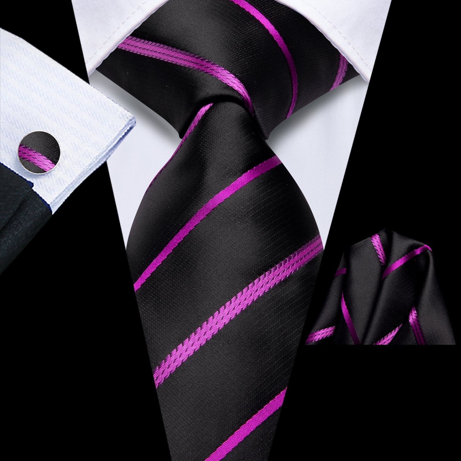 Black Purple Striped Tie Pocket Square Cufflinks Set