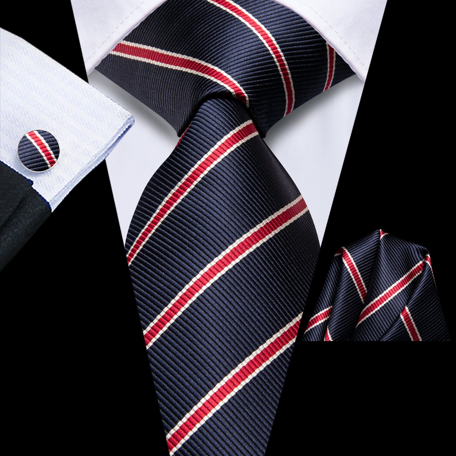 Dark Blue Red Striped Tie Pocket Square Cufflinks Set