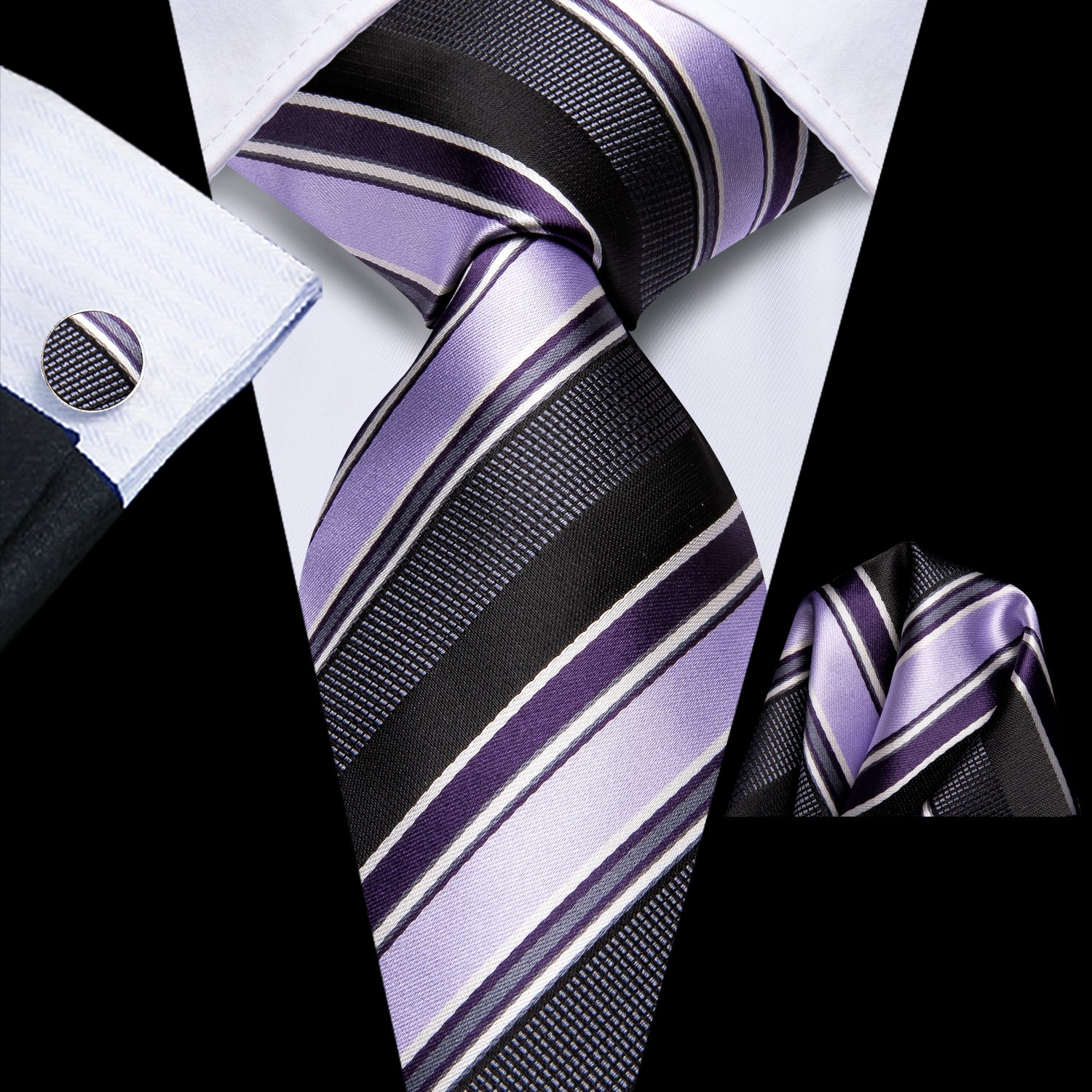 Black Purple Striped Men's Tie Pocket Square Cufflinks Set