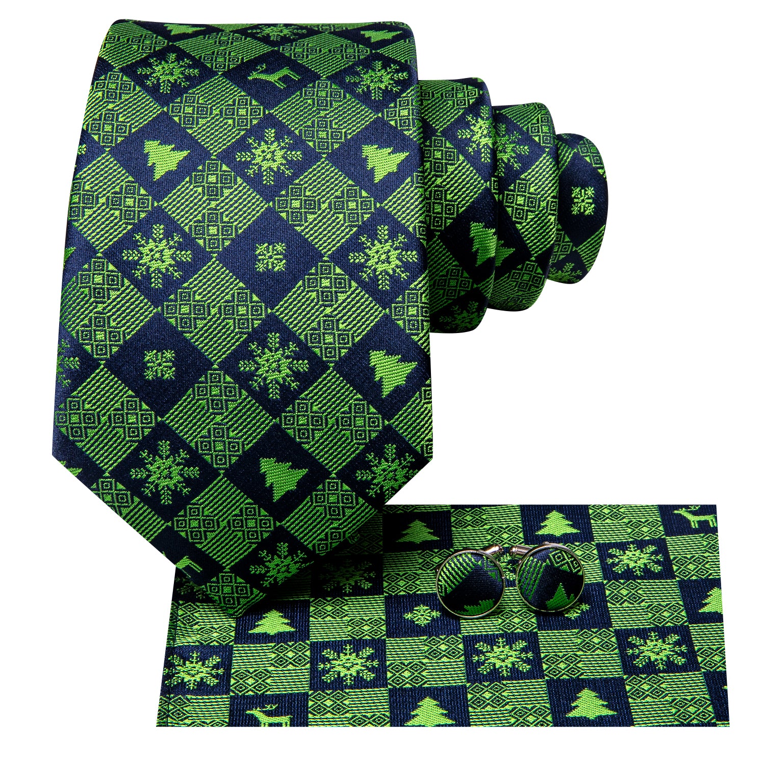 Christmas Blue Green Novelty Men's Tie Pocket Square Cufflinks Set