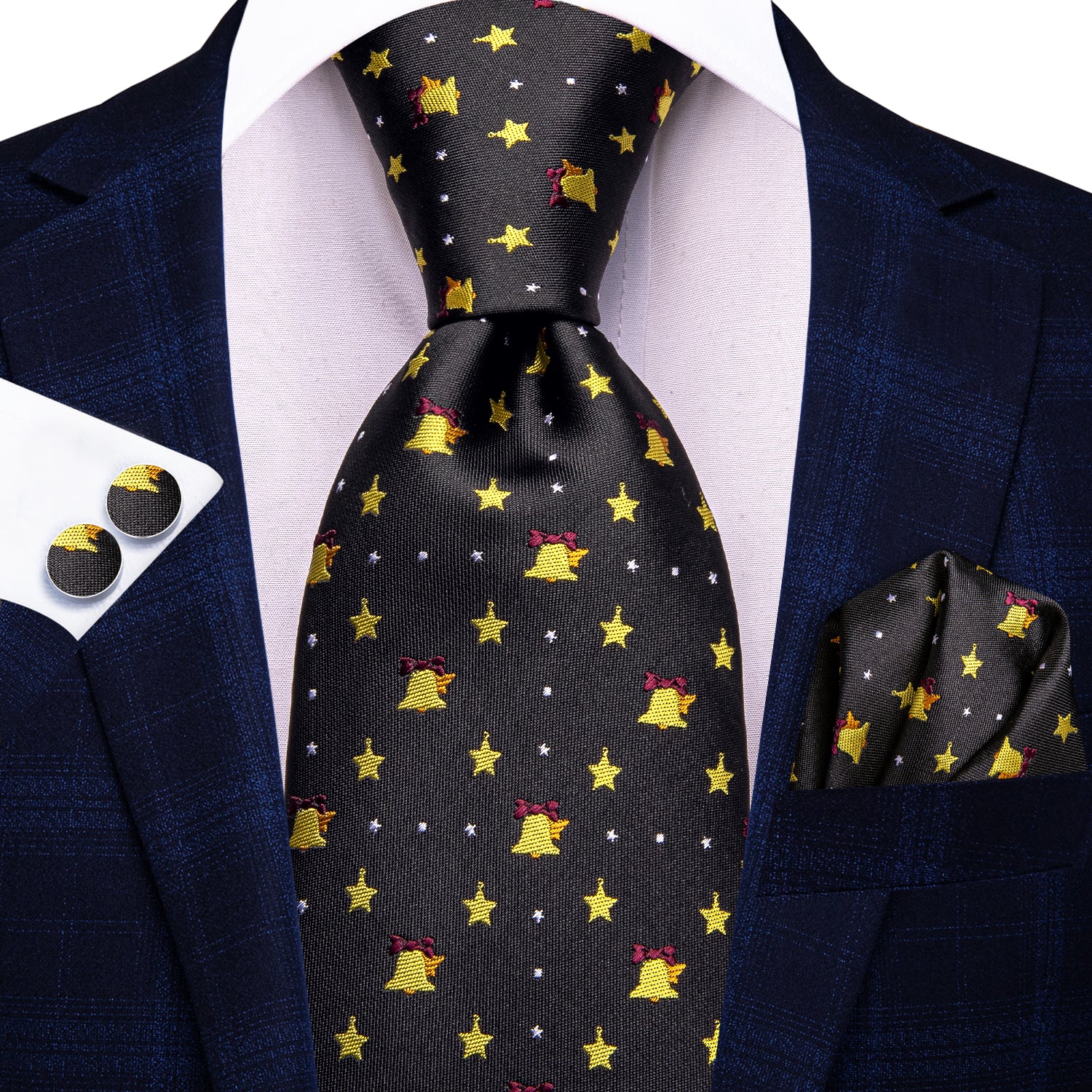 Black Yellow Christmas Bell Men's Tie Pocket Square Cufflinks Set