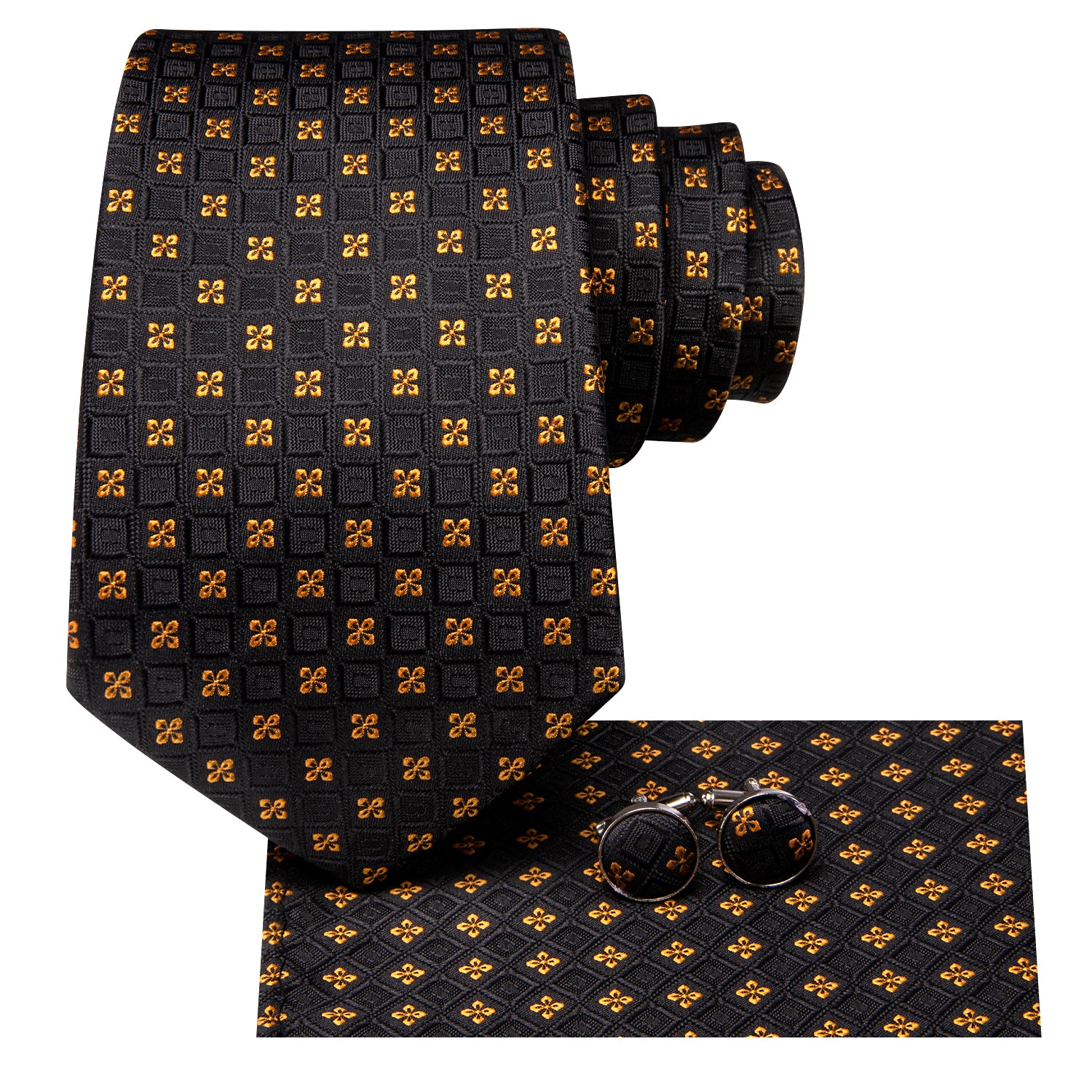 Hi-Tie Black Yellow Flower Men's Tie Pocket Square Cufflinks Set