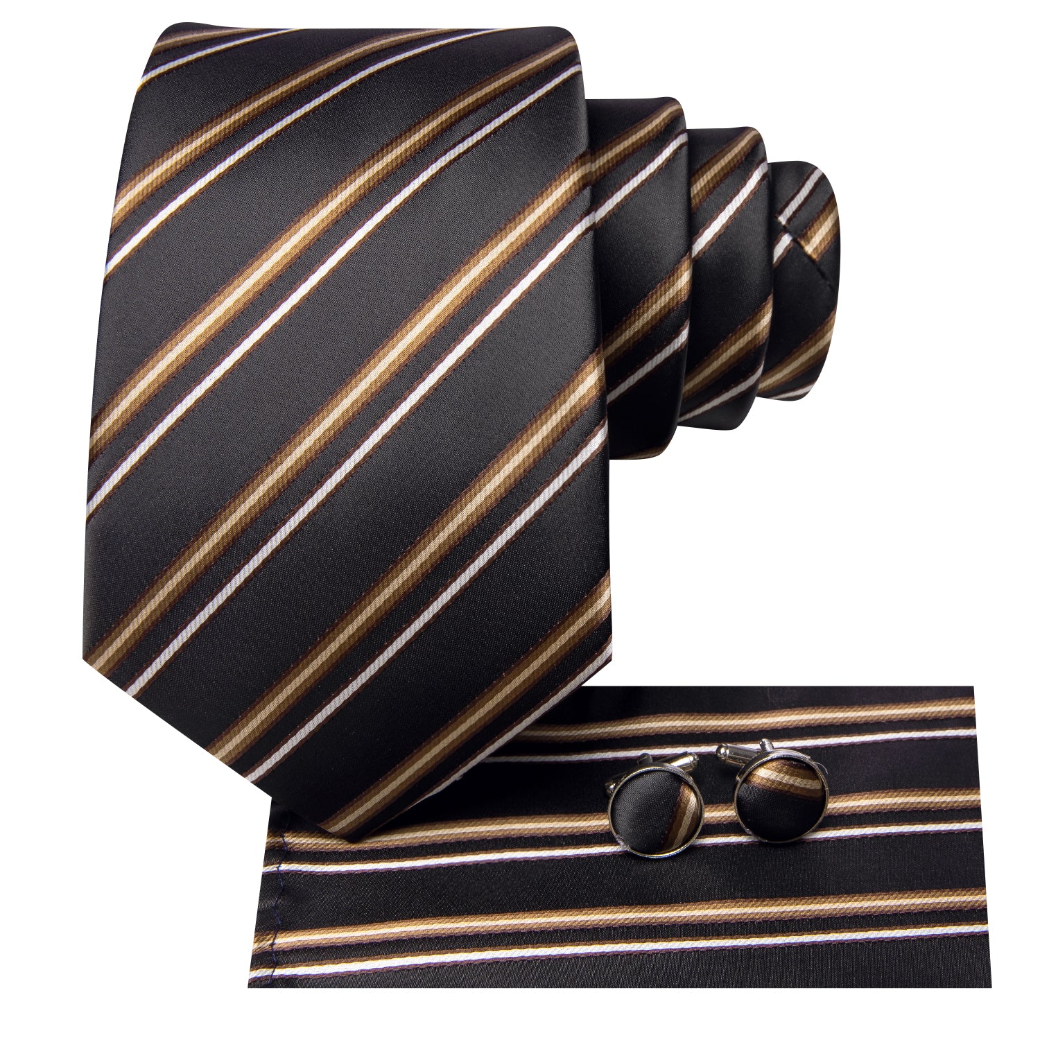 Brown Striped Men's Tie Pocket Square Cufflinks Set