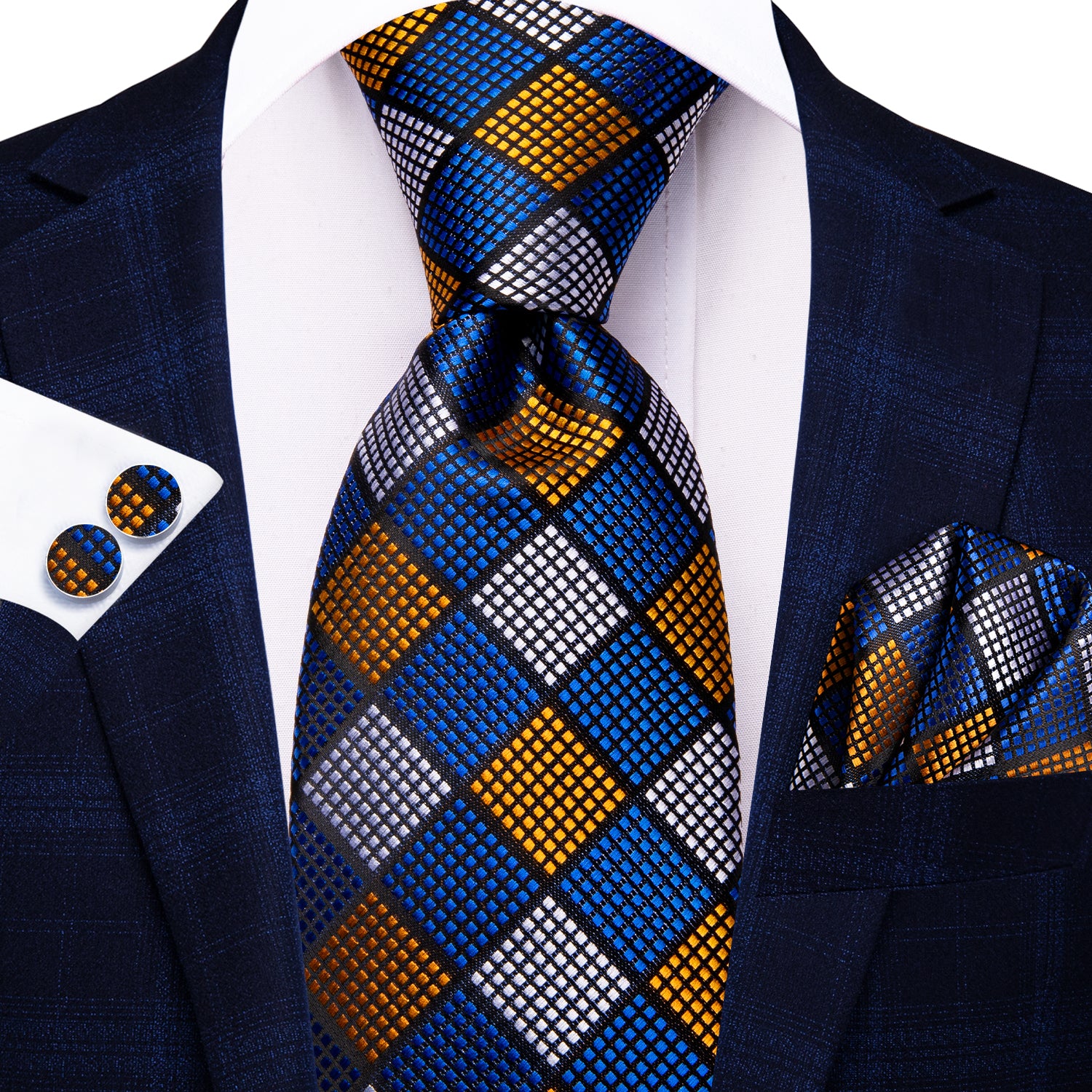 Hi-Tie Blue Yellow Plaid Men's Tie Pocket Square Cufflinks Set