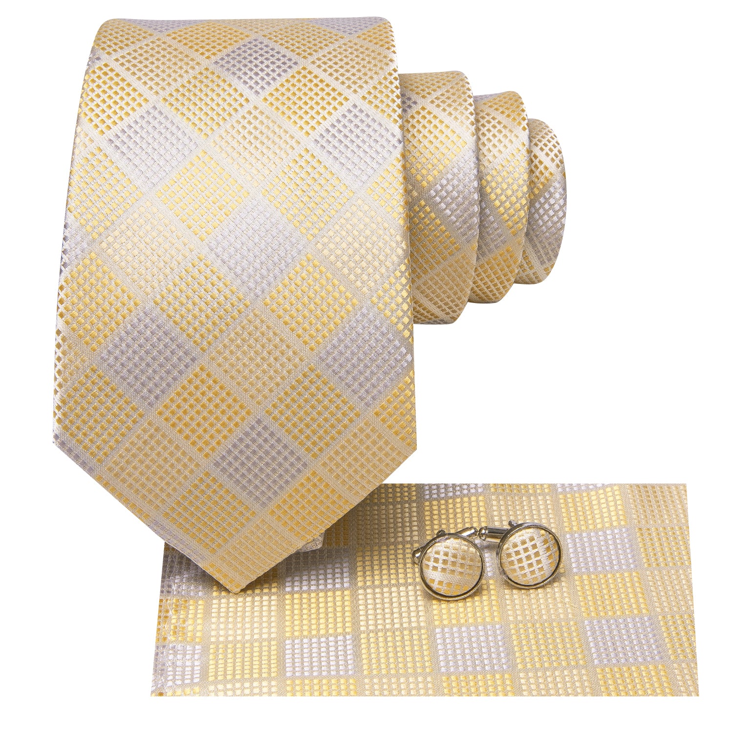 Yellow White Plaid Men's Tie Pocket Square Cufflinks Set