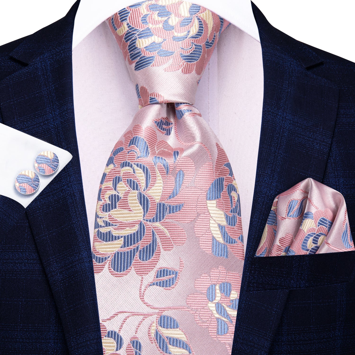 Hi-Tie Pink Flower Men's Tie Pocket Square Cufflinks Set