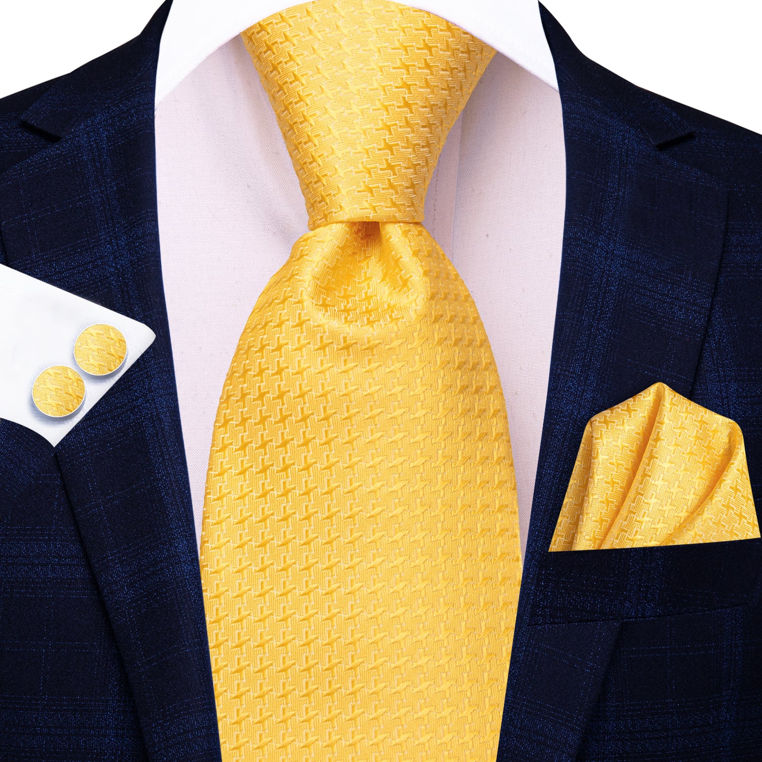 Hi-Tie Bright Yellow Novelty Men's Tie Pocket Square Cufflinks Set