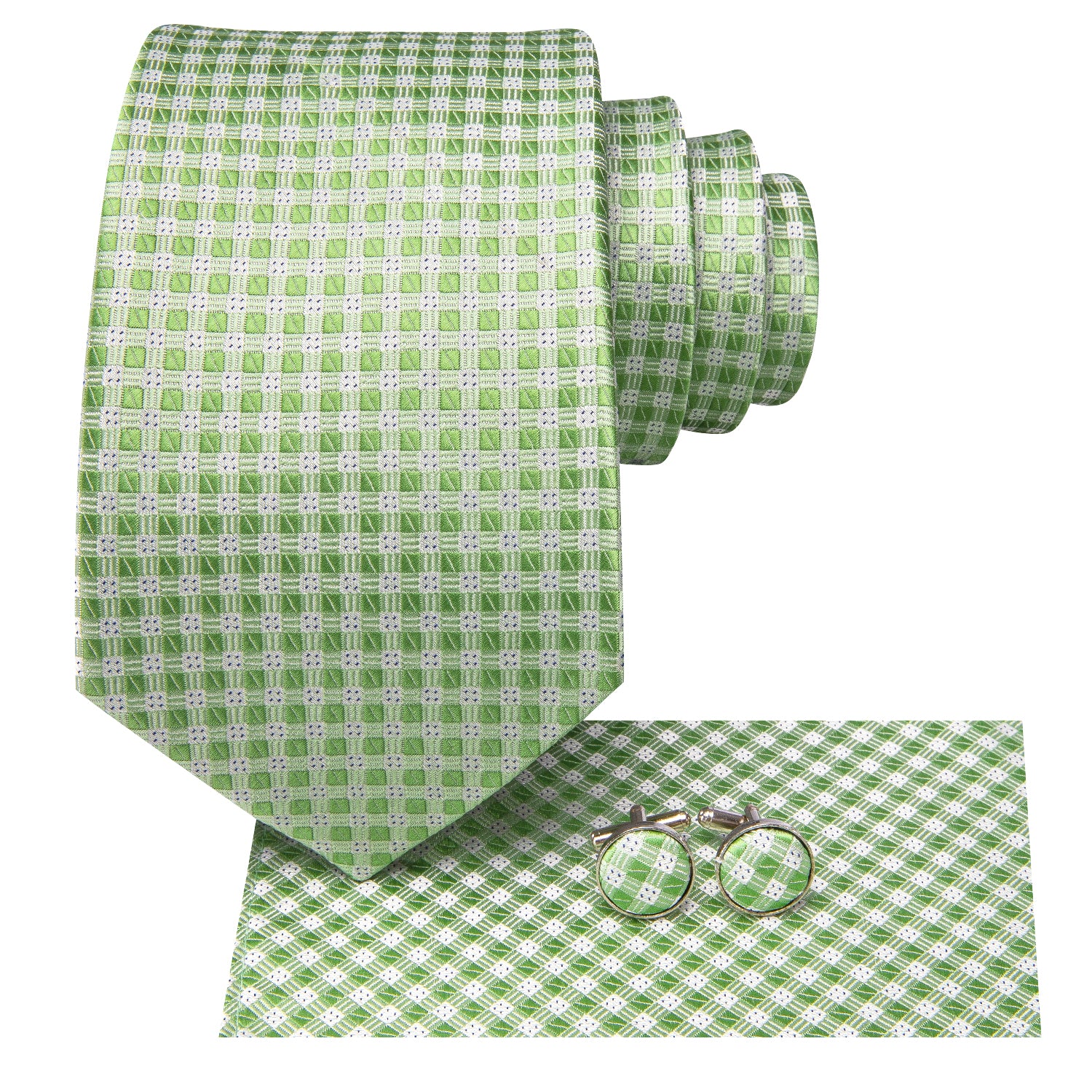 Hi-Tie Mint Green Plaid Men's Tie Pocket Square Cufflinks Set