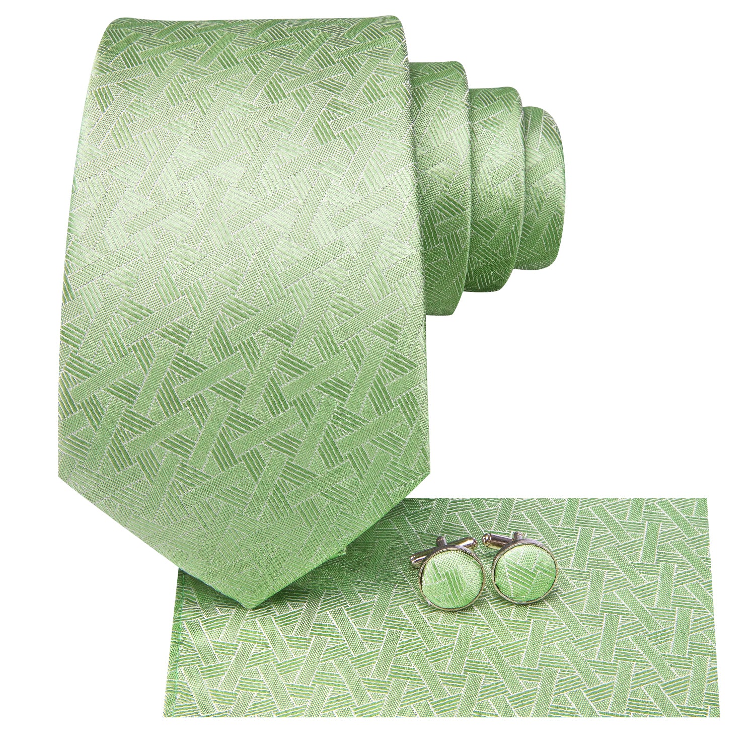 Hi-Tie Mint Green Weave Men's Tie Pocket Square Cufflinks Set
