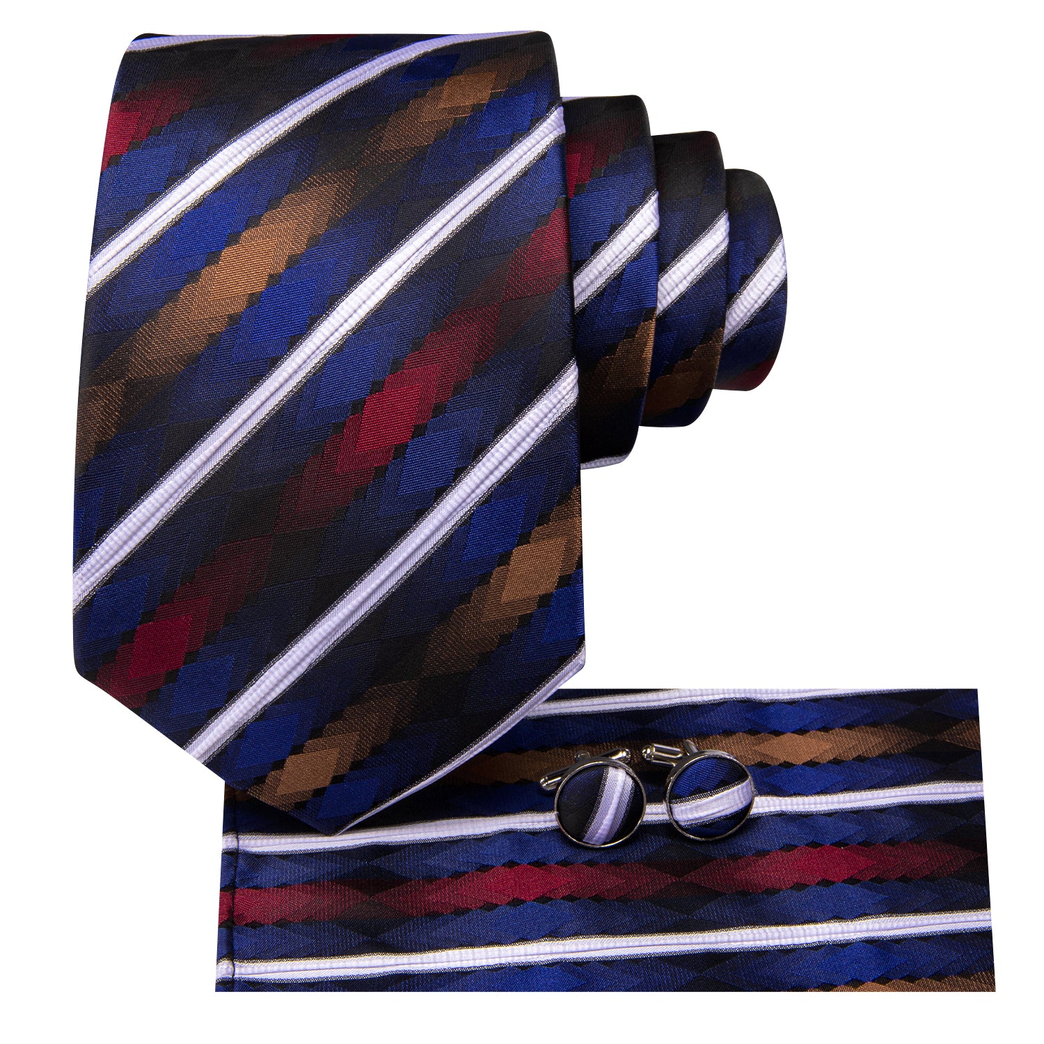 Hi-Tie White Blue Striped Novelty Men's Tie Pocket Square Cufflinks Set