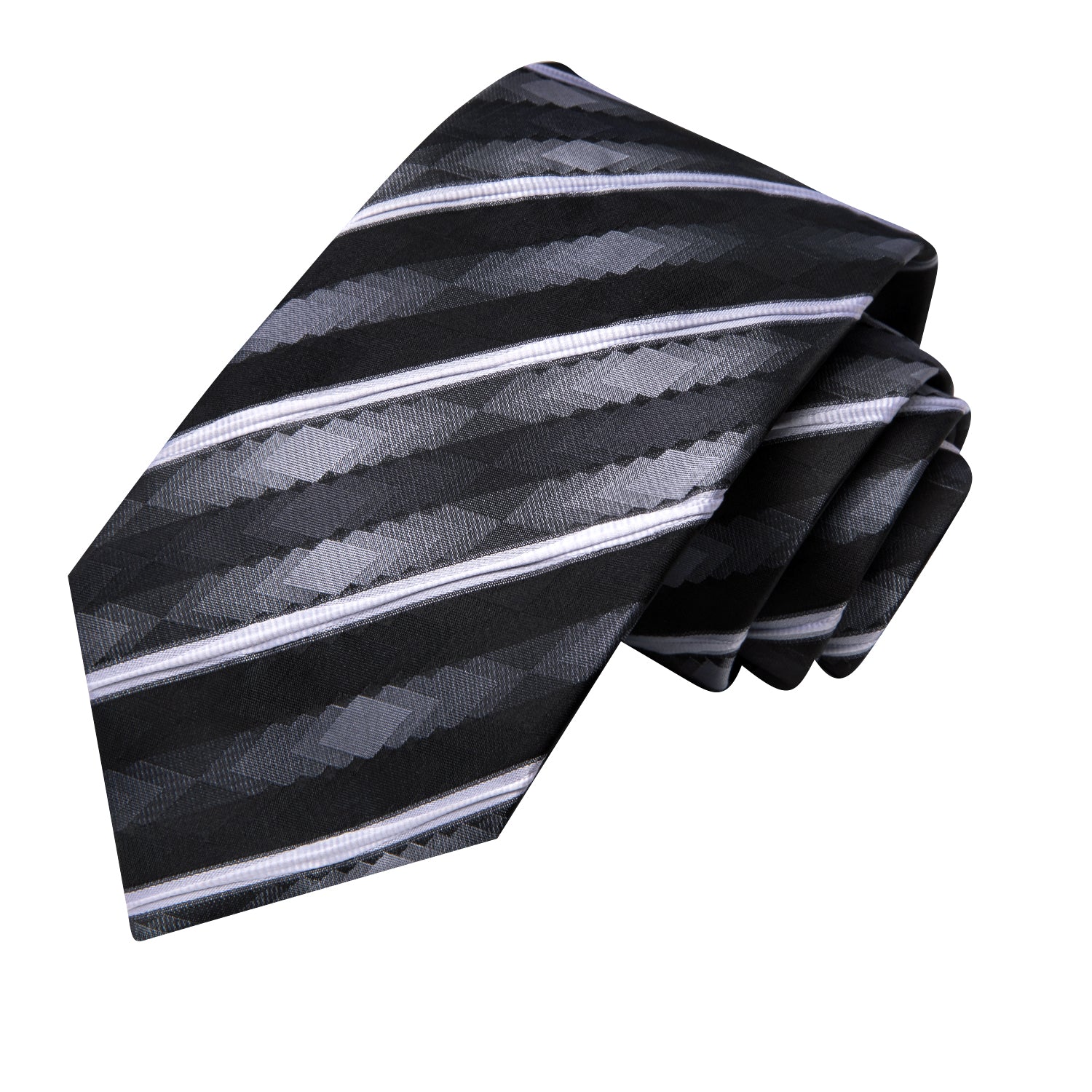 Hi-Tie White Black Striped Novelty Men's Tie Pocket Square Cufflinks Set