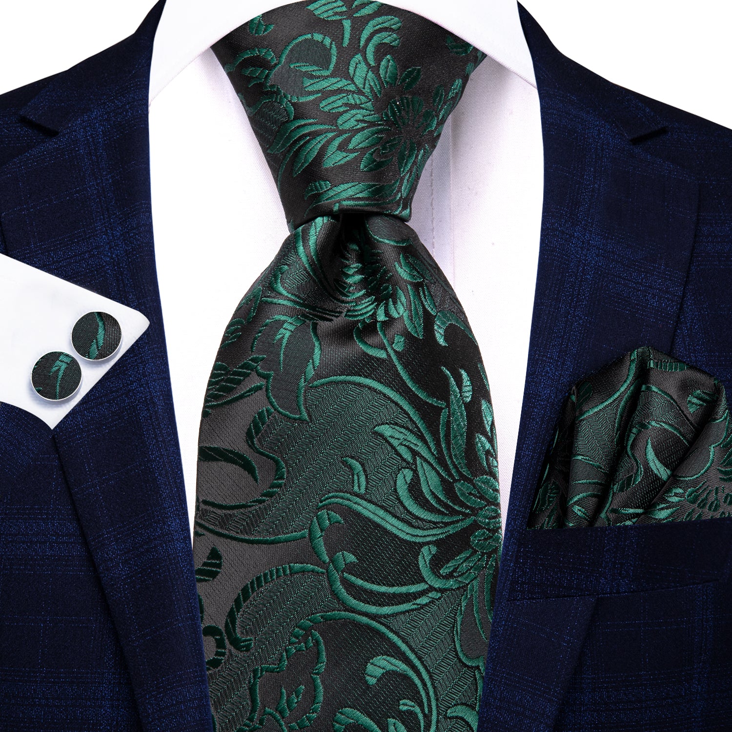 Hi-Tie Deep Green Paisley Men's Tie Pocket Square Cufflinks Set