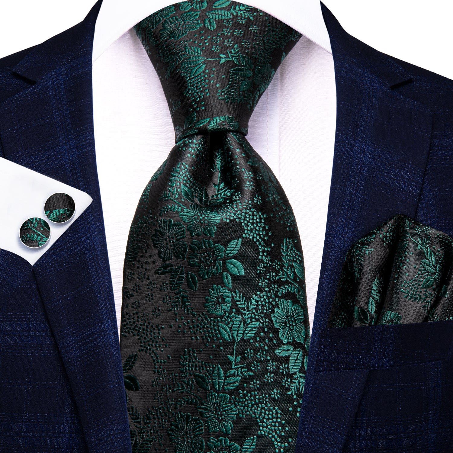 Hi-Tie Black Green Flower Men's Tie Pocket Square Cufflinks Set