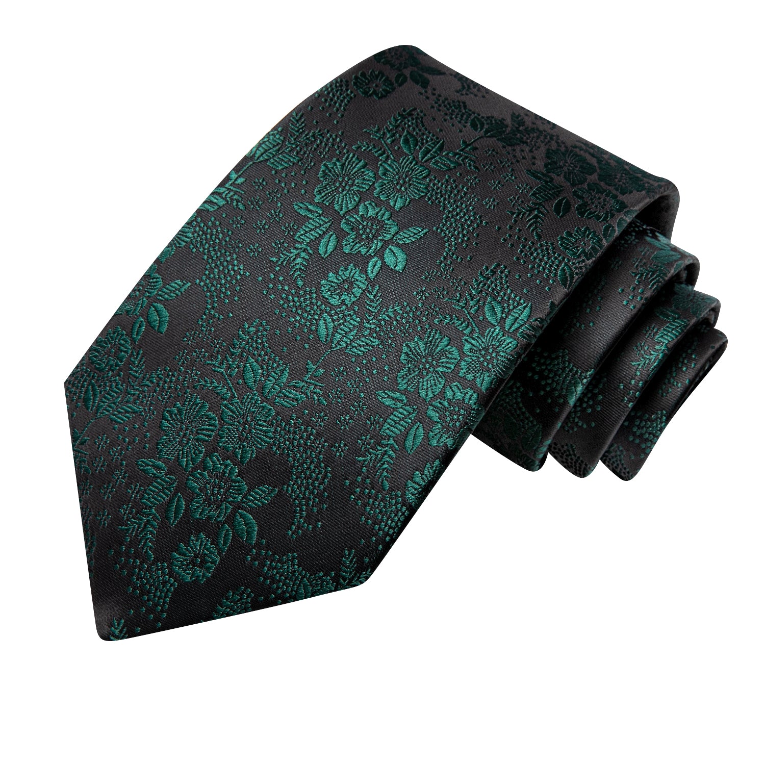 Hi-Tie Black Green Flower Men's Tie Pocket Square Cufflinks Set
