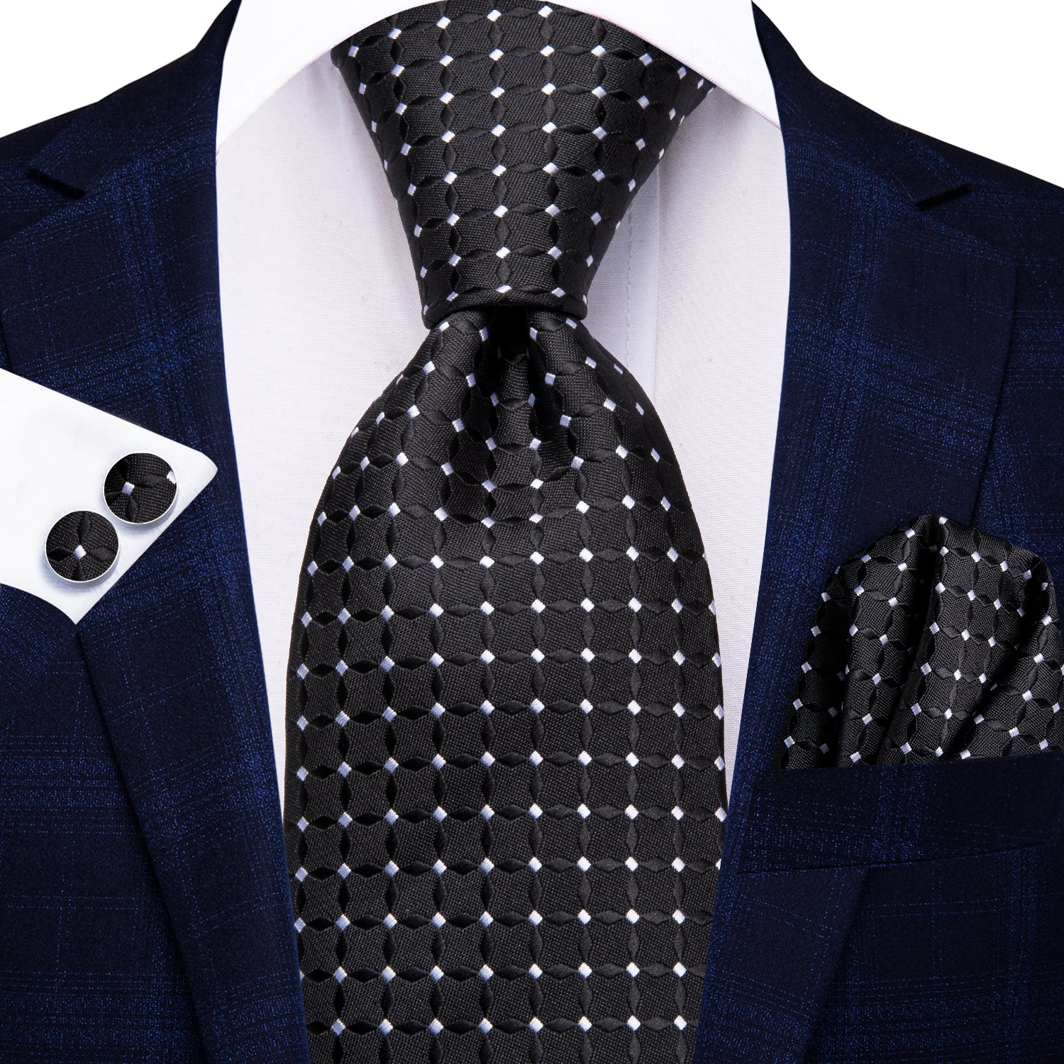 Hi-Tie Black White Novelty Men's Tie Pocket Square Cufflinks Set