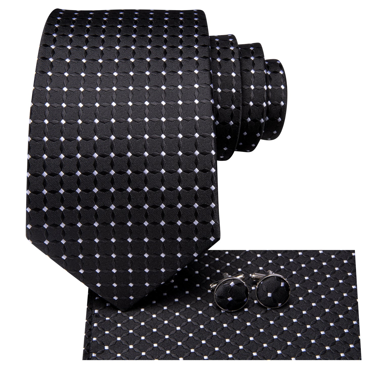 Hi-Tie Black White Novelty Men's Tie Pocket Square Cufflinks Set