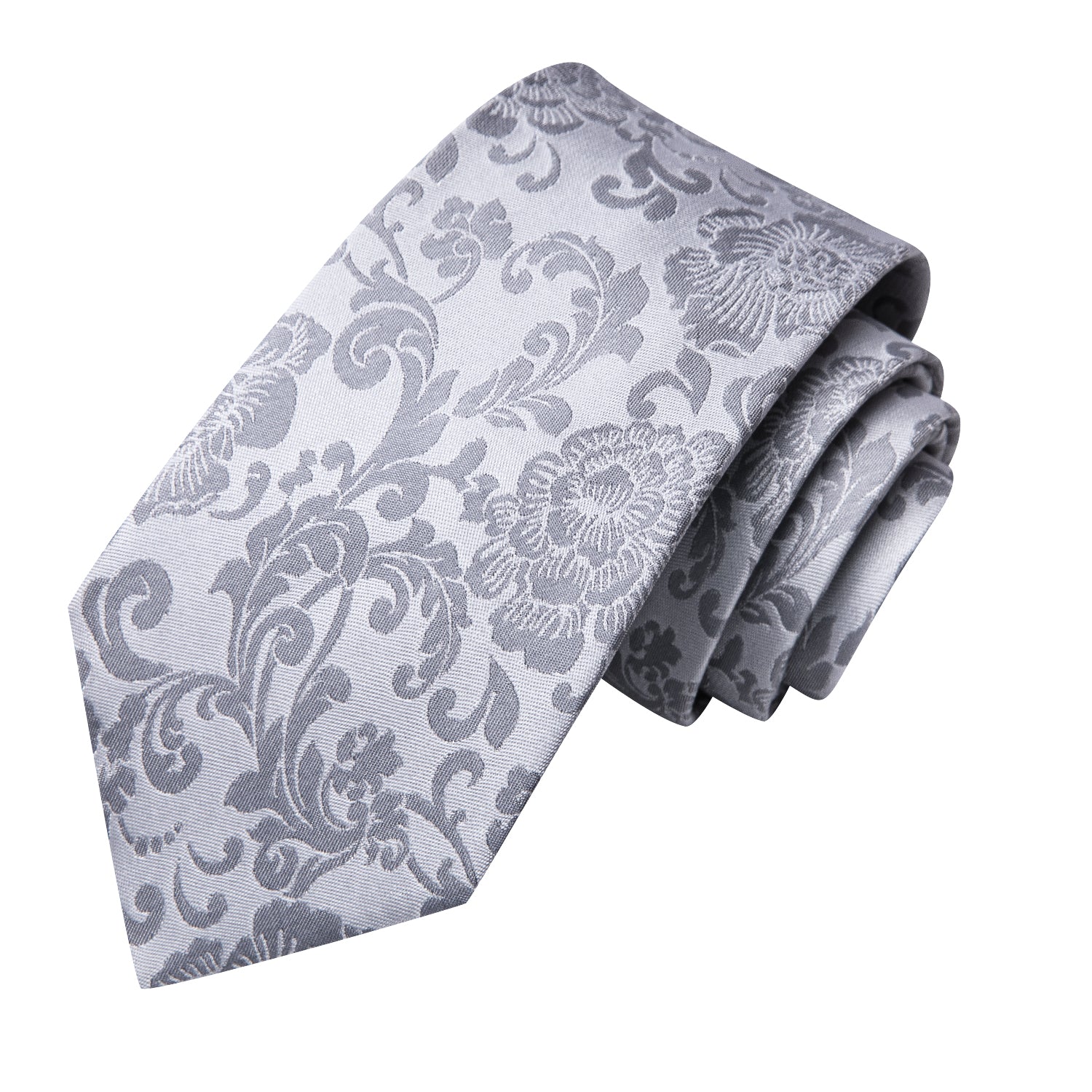 Hi-Tie Grey Floral Men's Tie Pocket Square Cufflinks Set
