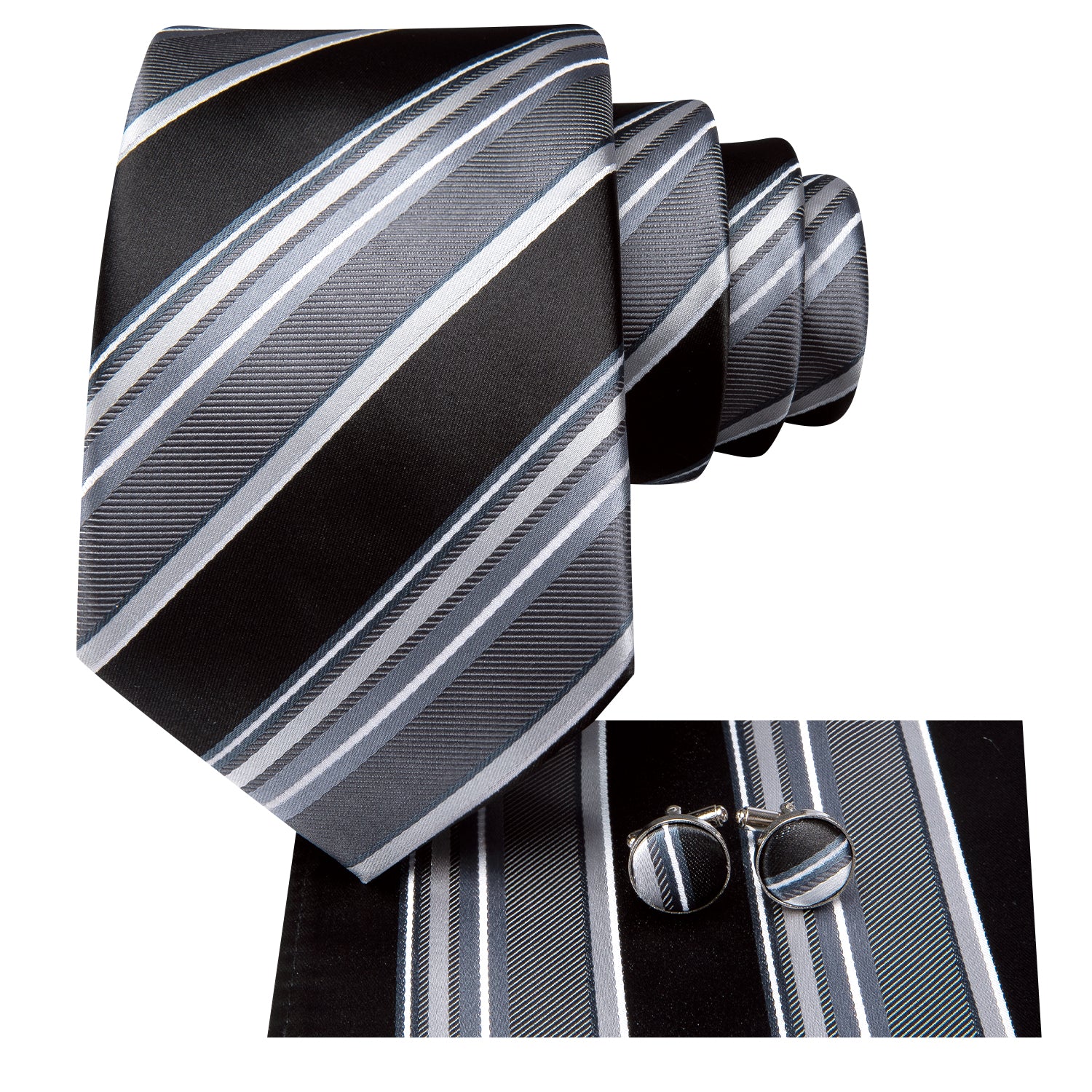Hi-Tie Black White Striped Men's Tie Pocket Square Cufflinks Set