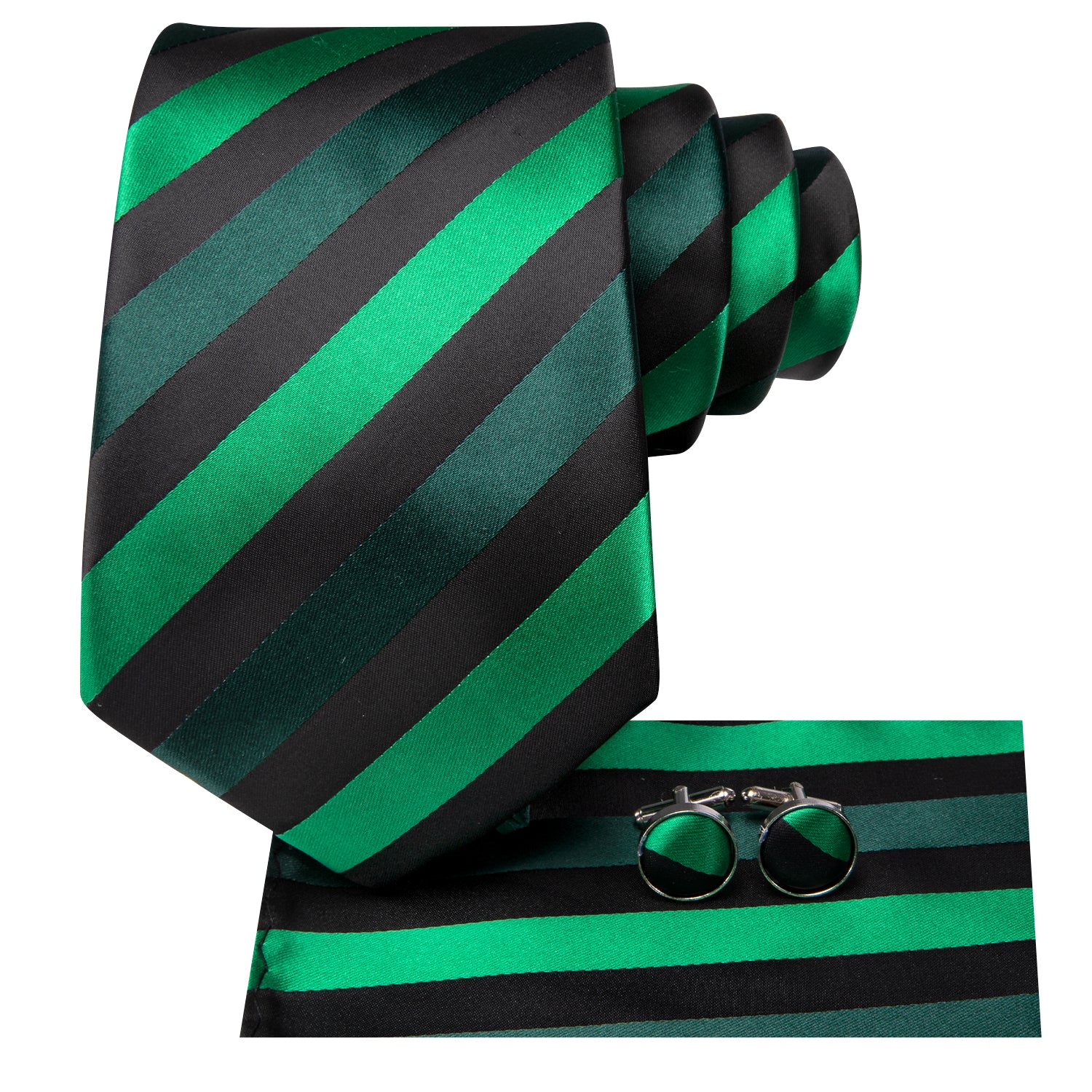 Hi-Tie Bright Green Striped Men's Tie Pocket Square Cufflinks Set