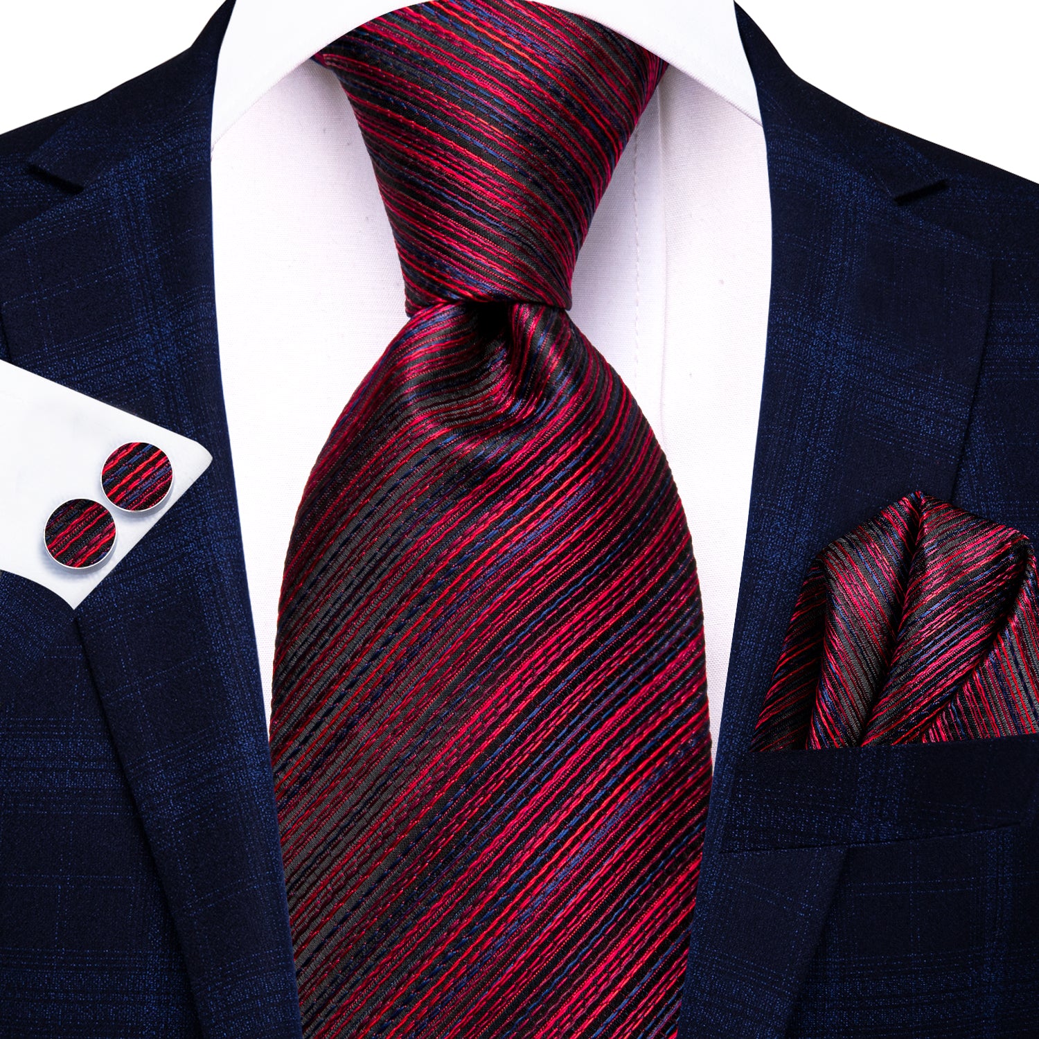 Hi-Tie Red Blue Slanting Line Men's Tie Pocket Square Cufflinks Set