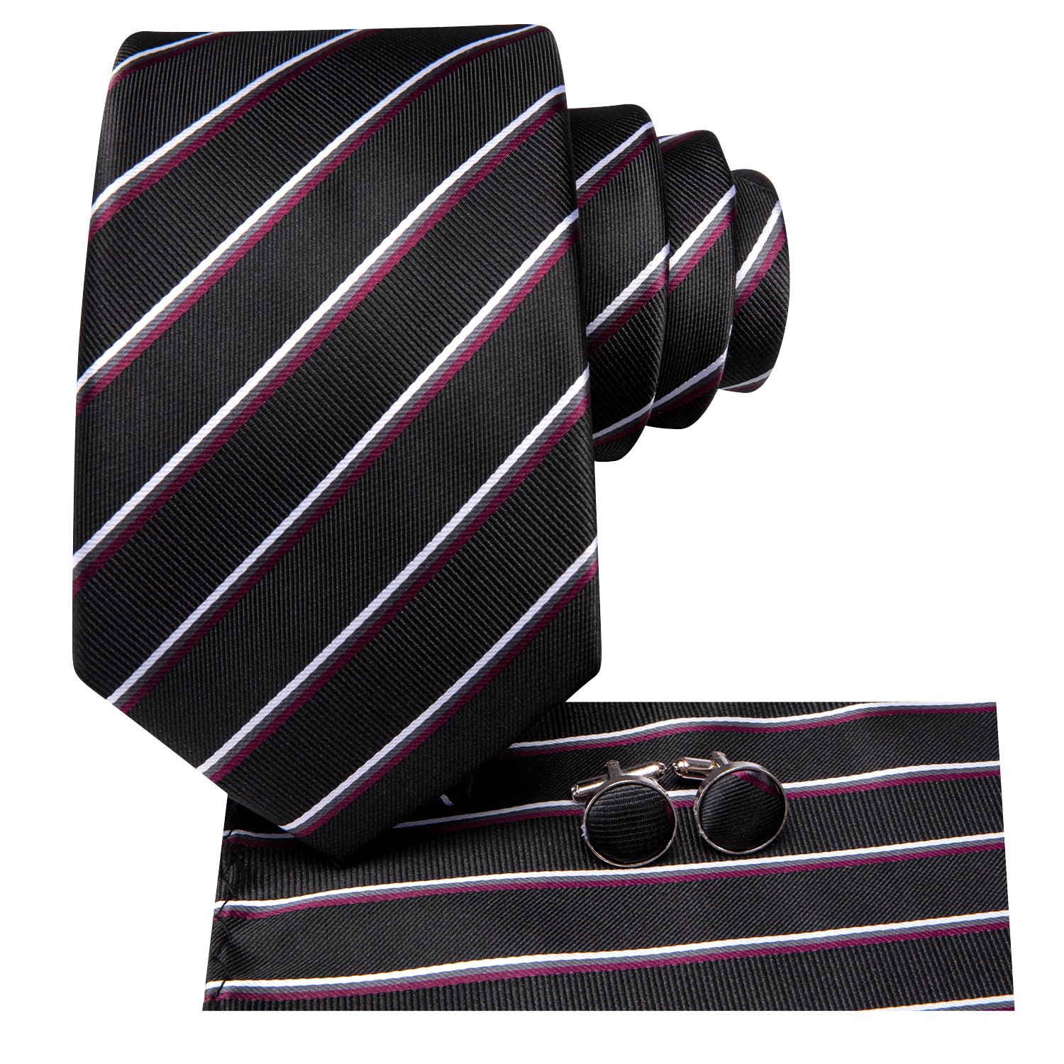 Hi-Tie Black Bugundy Striped Men's Tie Pocket Square Cufflinks Set