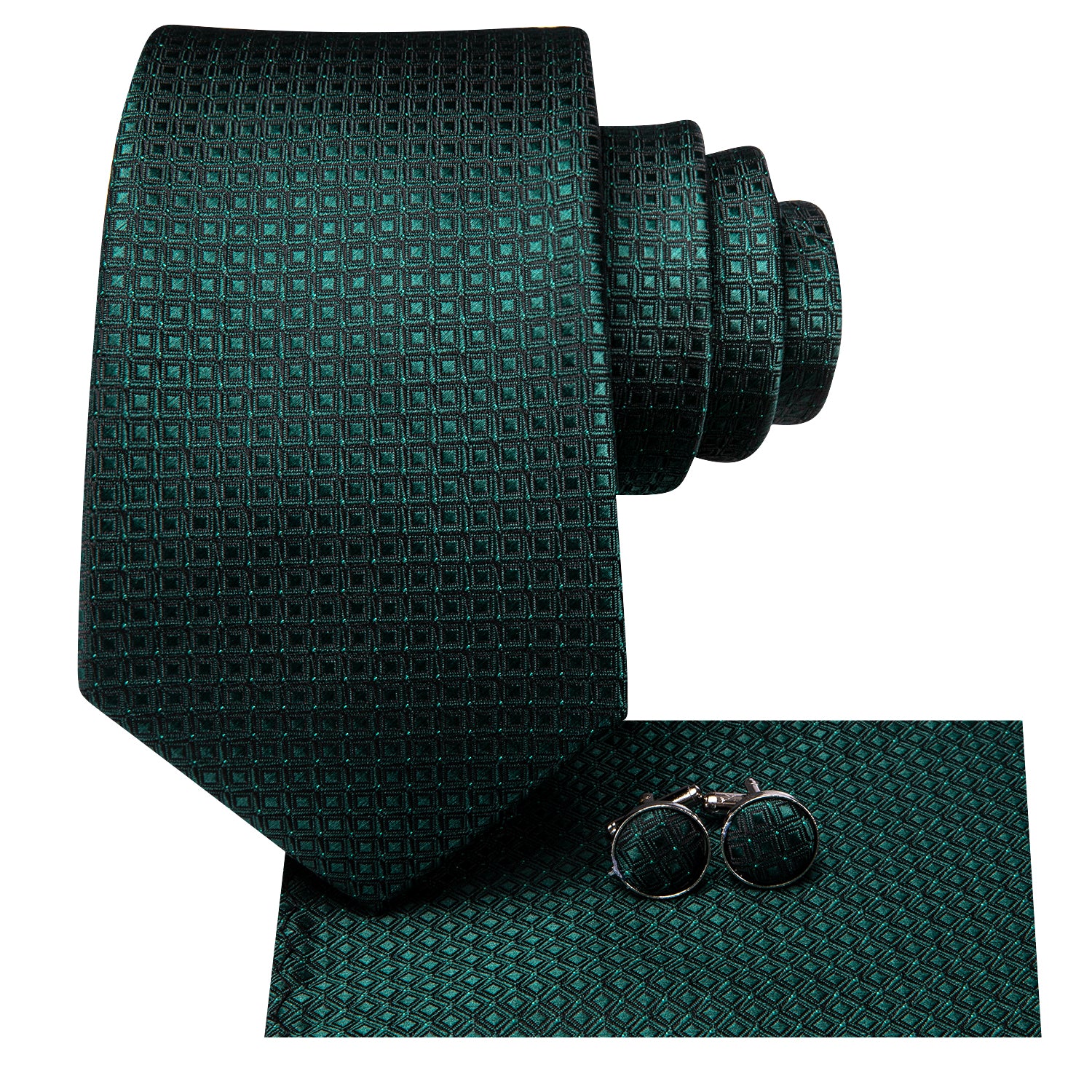 Hi-Tie Emerald Green Squares  Men's Tie Pocket Square Cufflinks Set