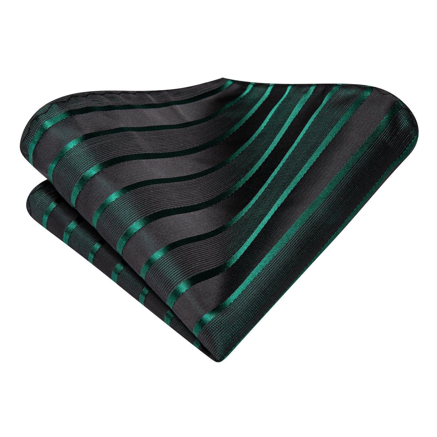 Hi-Tie Black Green Striped Men's Tie Pocket Square Cufflinks Set