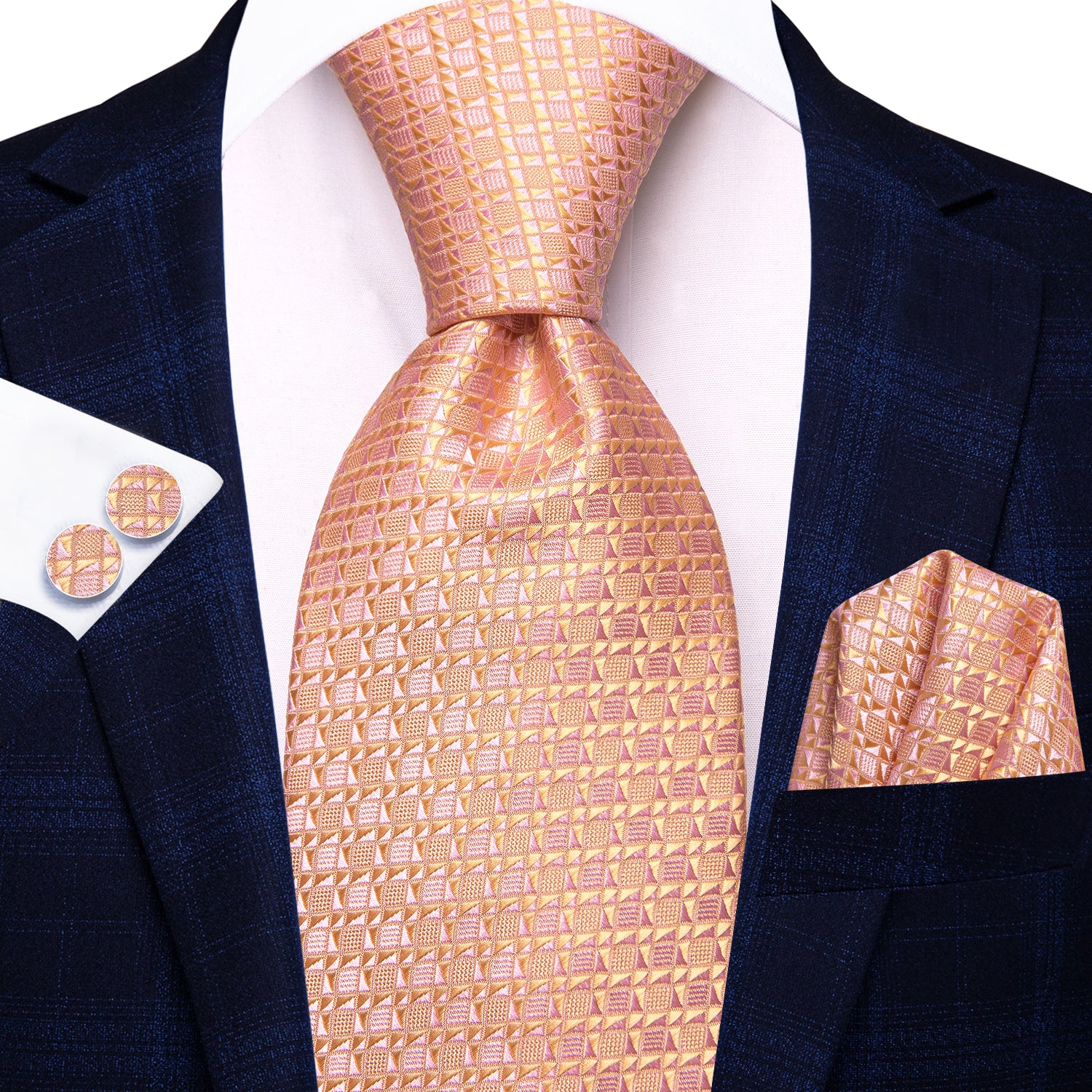Hi-Tie Pink Yellow Novelty Men's Tie Pocket Square Cufflinks Set