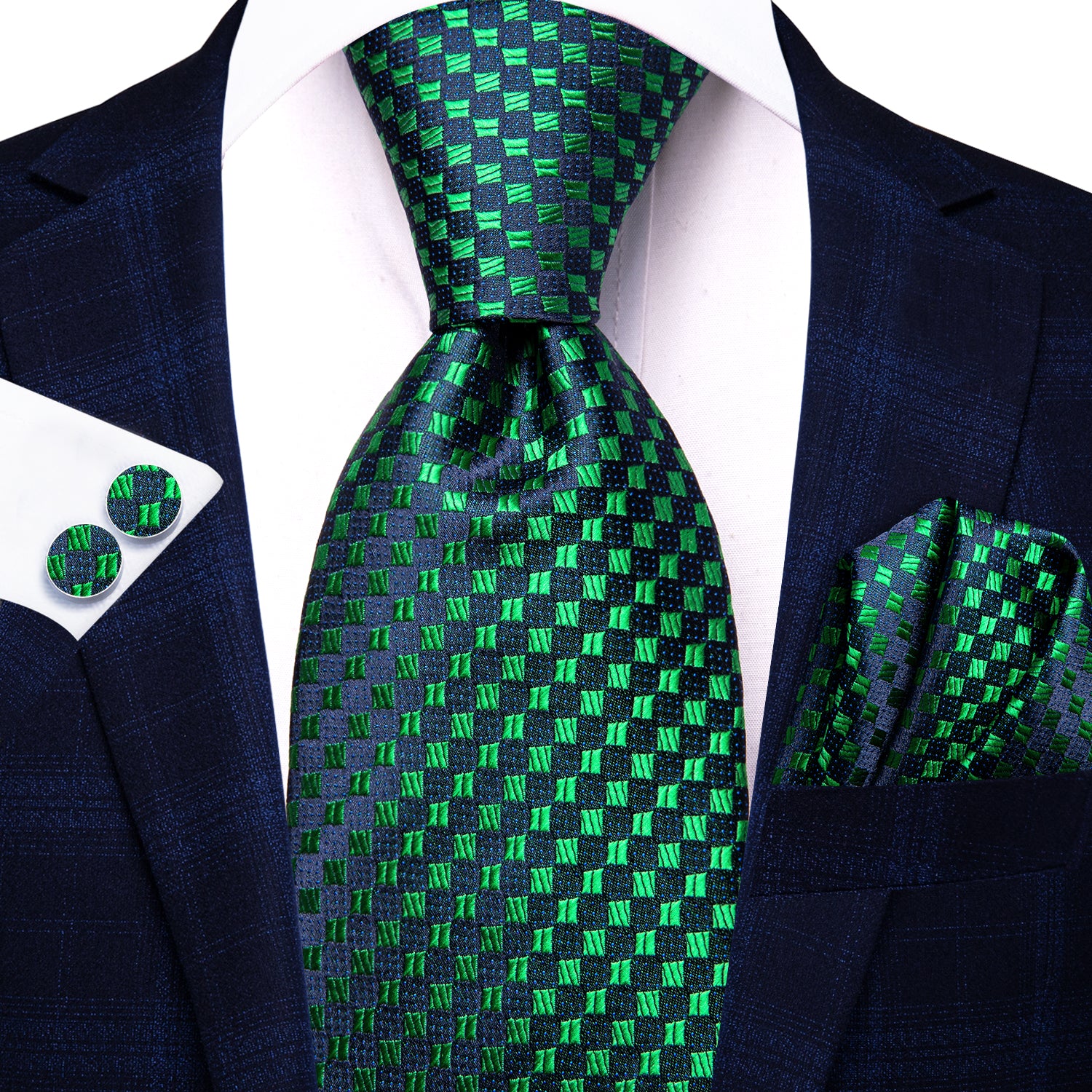 Hi-Tie Green Blue Plaid Men's Tie Pocket Square Cufflinks Set