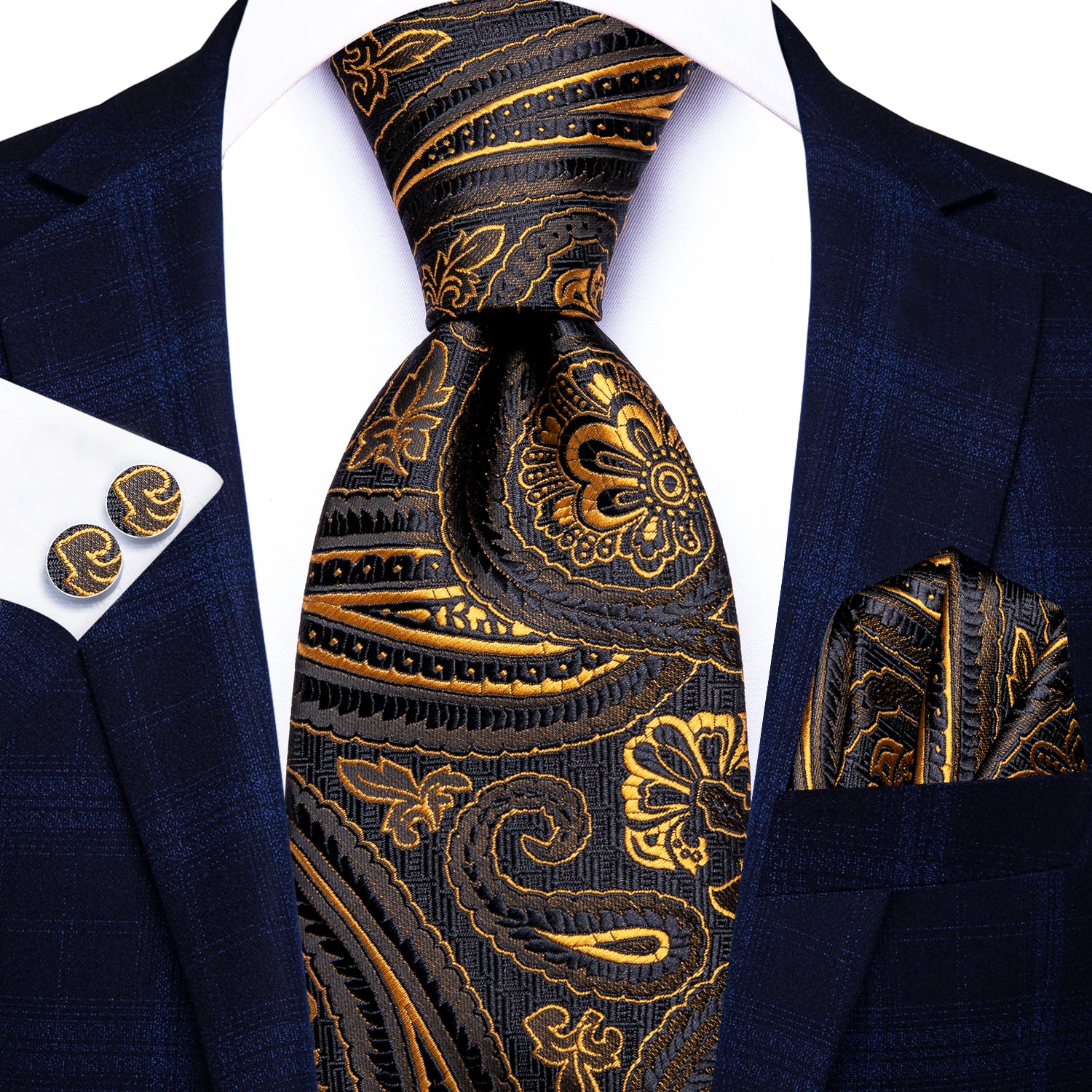 Hi-Tie Blue Gold Paisley Men's Tie Pocket Square Cufflinks Set