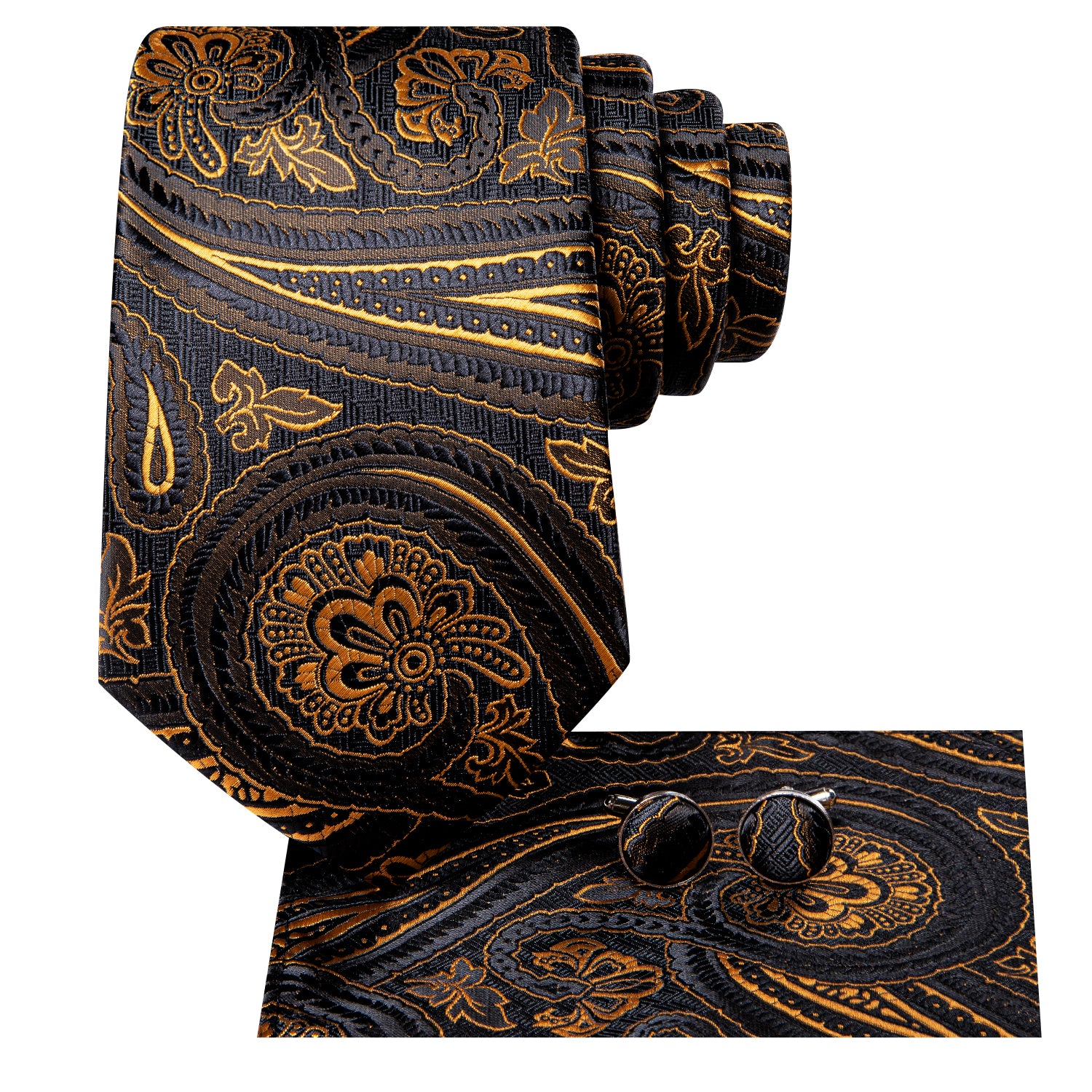 Hi-Tie Blue Gold Paisley Men's Tie Pocket Square Cufflinks Set