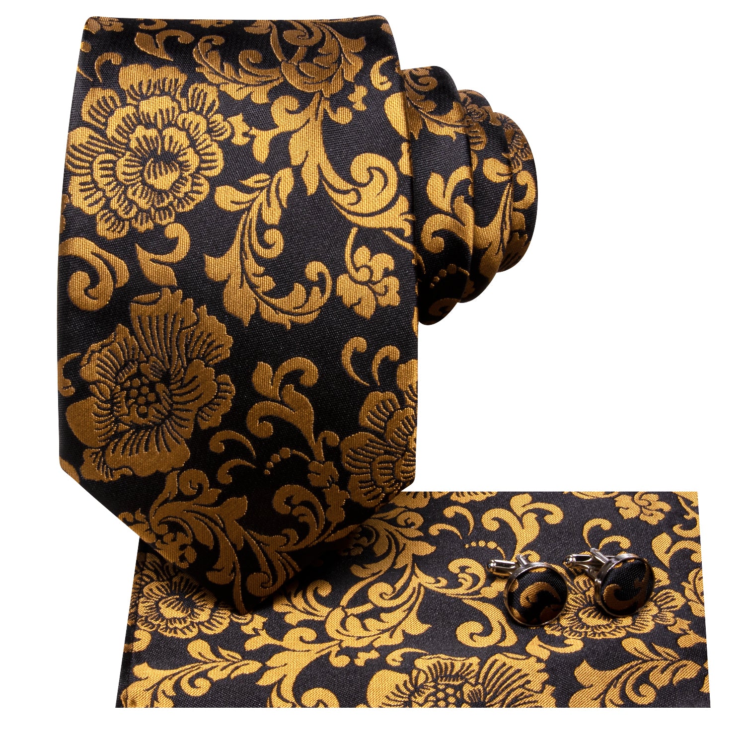 Hi-Tie Black Golden Floral Men's Tie Pocket Square Cufflinks Set