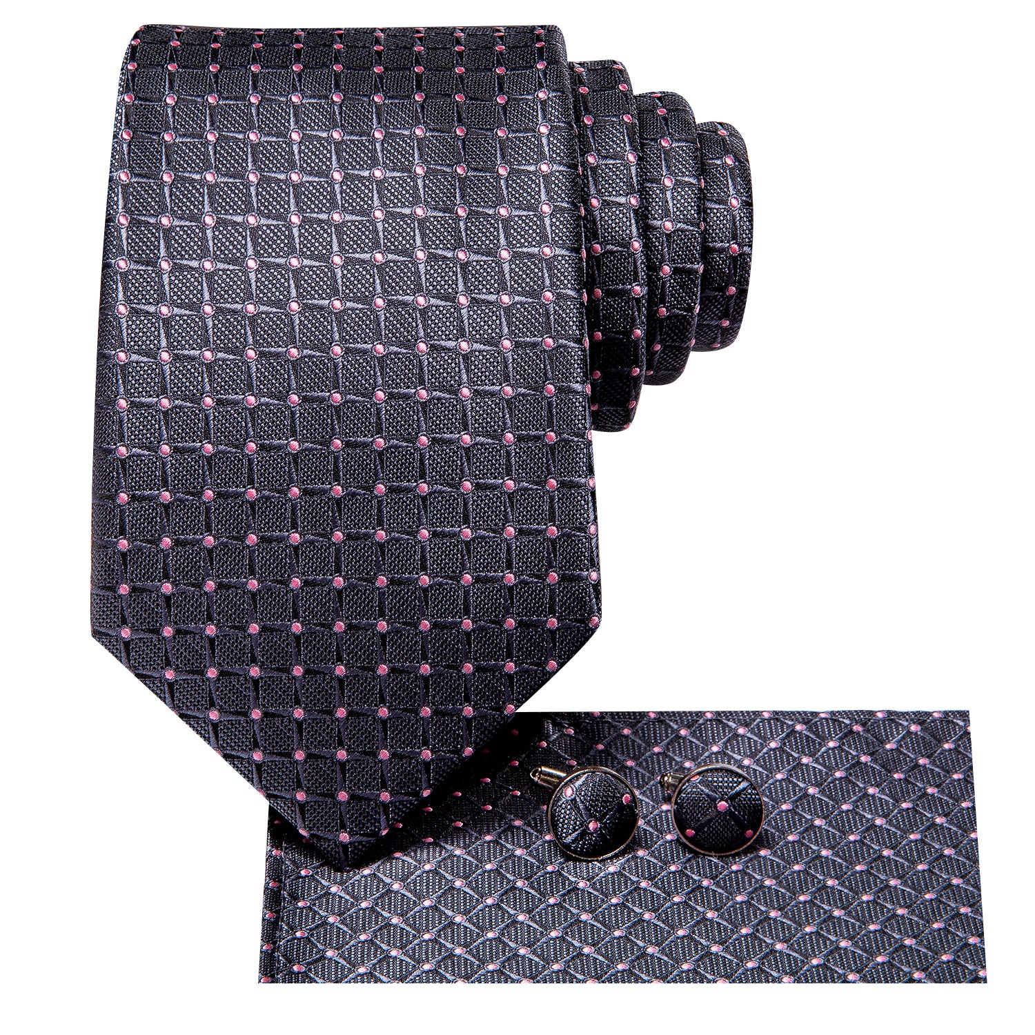 Hi-Tie Grey Pink Novelty Men's Tie Pocket Square Cufflinks Set