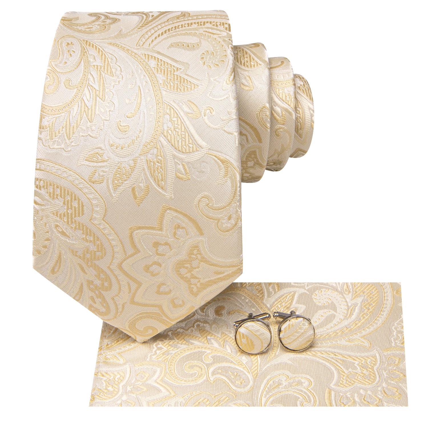 Hi-Tie Beige Paisley Men's Tie Pocket Square Cufflinks Set