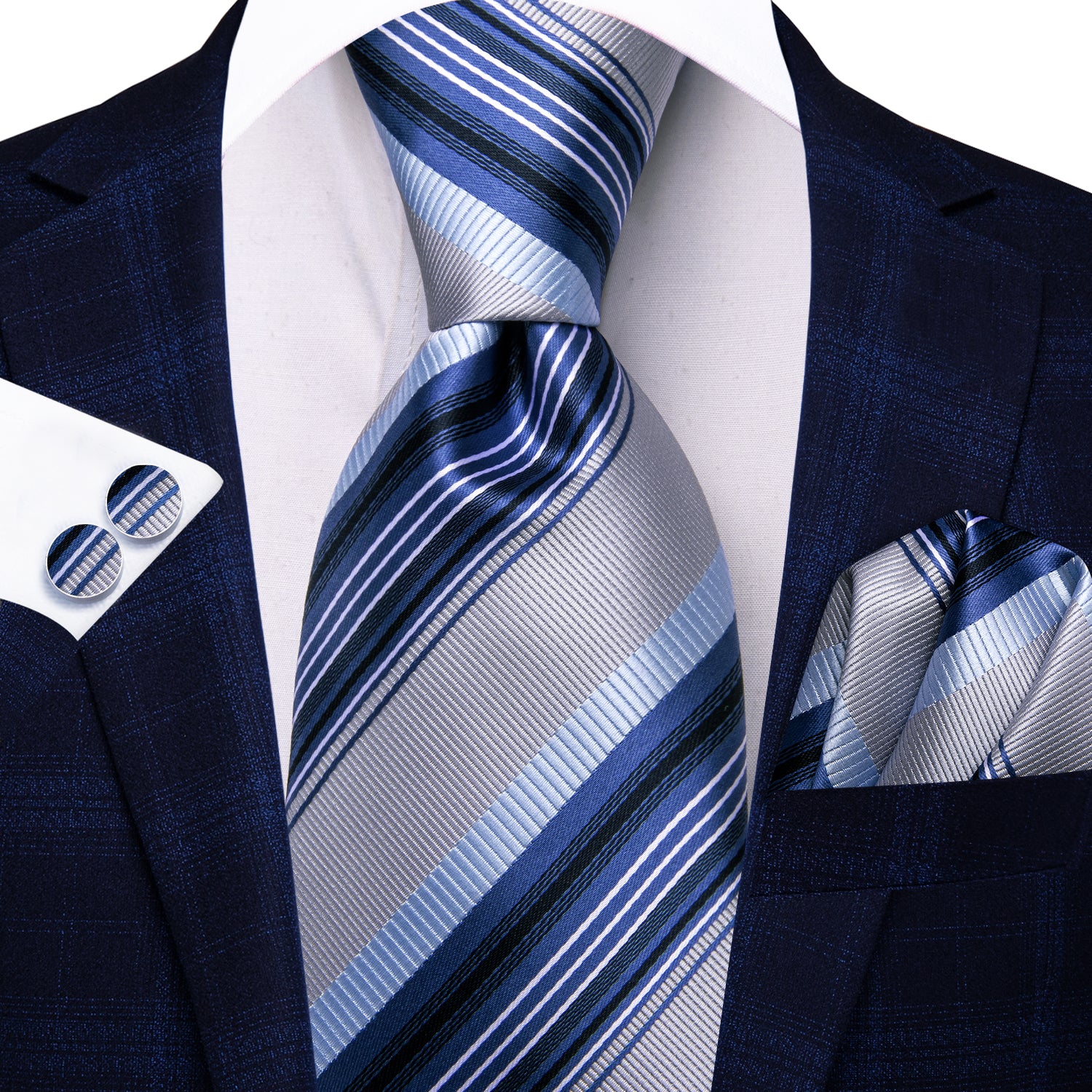 Hi-Tie Blue Grey Striped Men's Tie Pocket Square Cufflinks Set