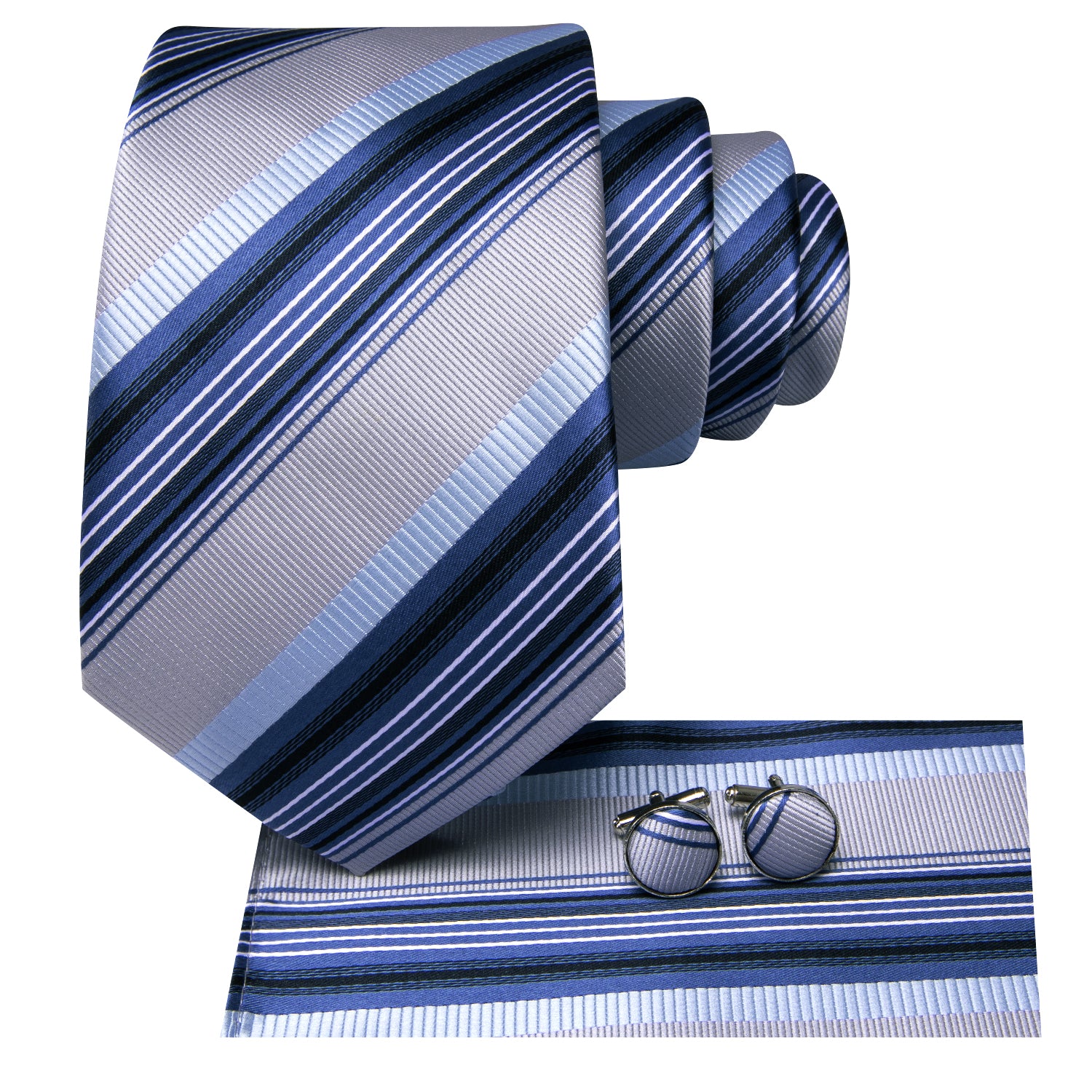 Hi-Tie Blue Grey Striped Men's Tie Pocket Square Cufflinks Set