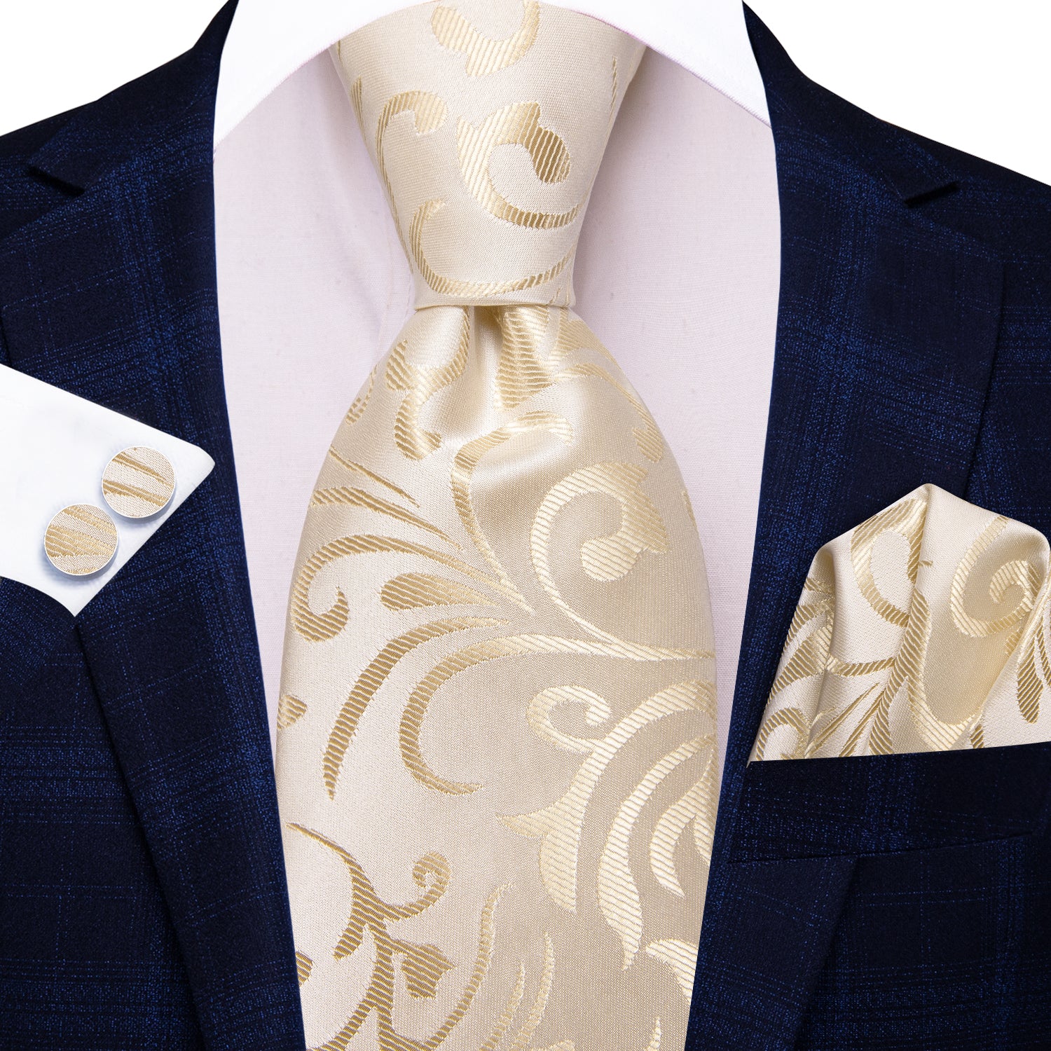 Hi-Tie New Beige Floral Men's Tie Pocket Square Cufflinks Set